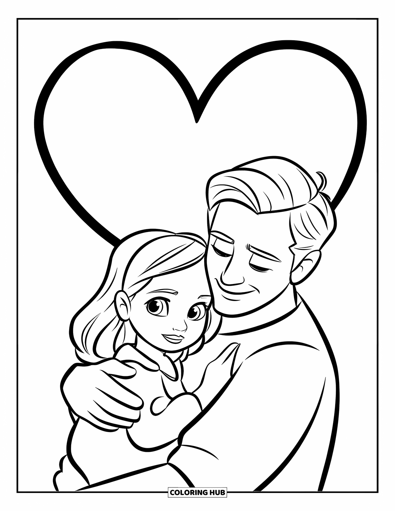Dad And Daughter Coloring Page for Kids: They cuddle close, surrounded by love and a big heart overhead