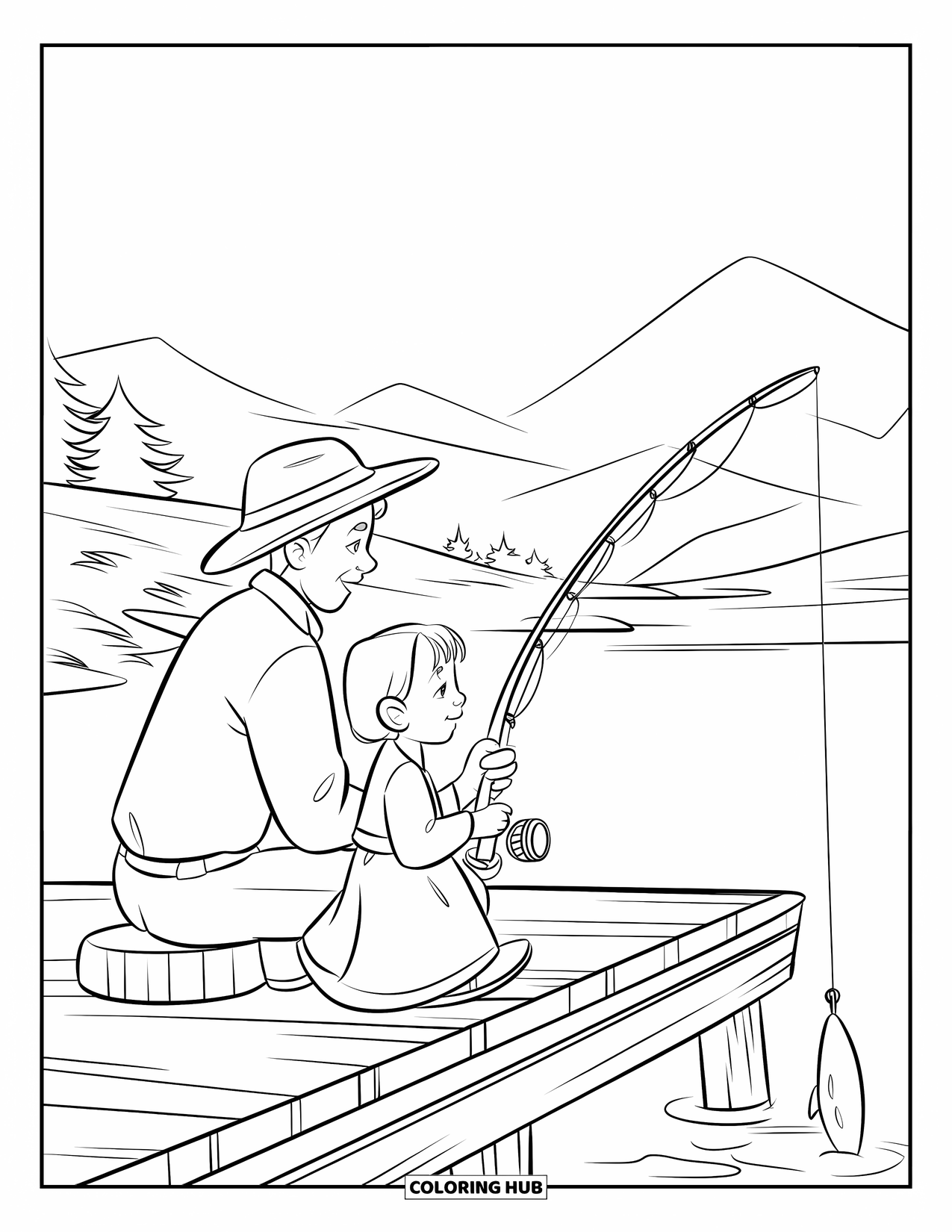 Dad And Daughter Coloring Page for Kids: They fish quietly on a dock with mountains in the distance