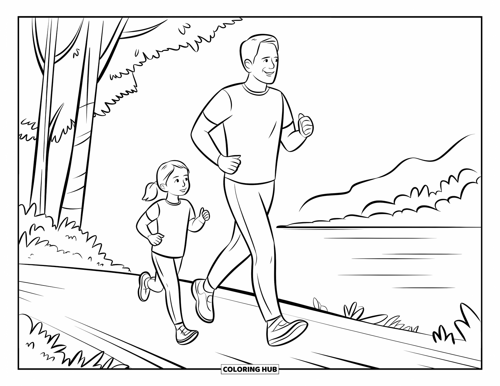Dad And Daughter Coloring Page for Kids: They jog side by side along a scenic trail with mountains and water nearby