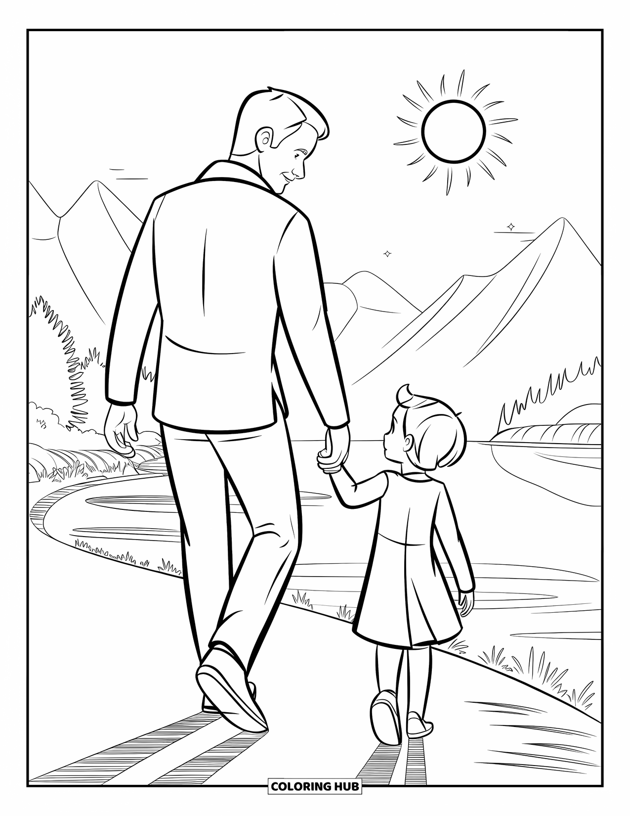Dad And Daughter Coloring Page for Kids: Together they walk hand-in-hand near mountains and a sparkling lake
