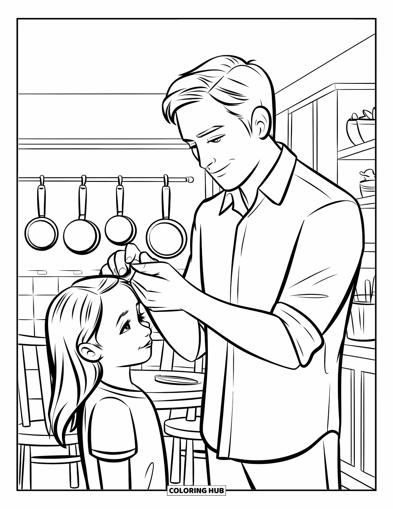 Dad And Daughter Coloring Page for Kids: Tying her ponytail in the kitchen before they begin the day