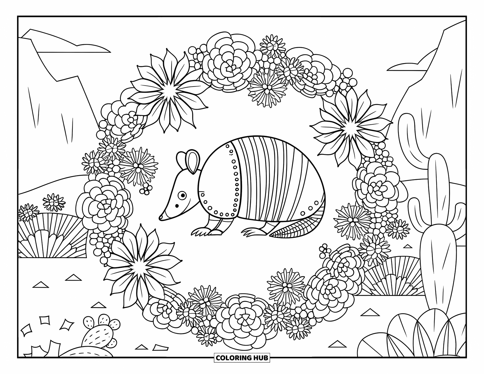 Desert Animals Coloring Page for Adults: A calm armadillo rests in a ring of desert plants with mountains behind
