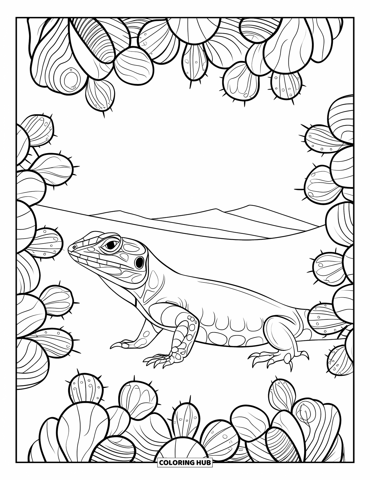 Desert Animals Coloring Page for Adults: A horned lizard relaxes under the sun, framed by desert cacti blooms