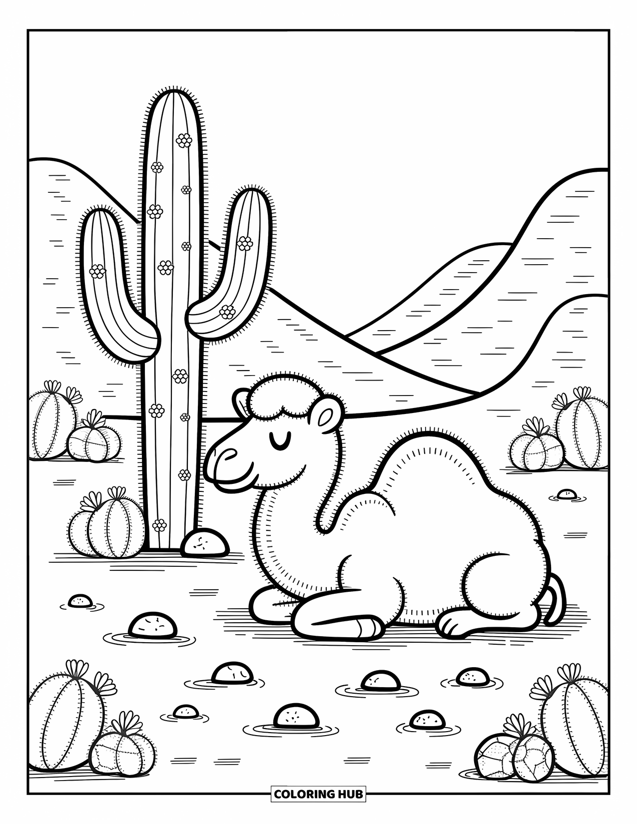 Desert Animals Coloring Page for Adults: Camel resting by saguaro cacti with stones, shrubs, and whimsical sand spirals