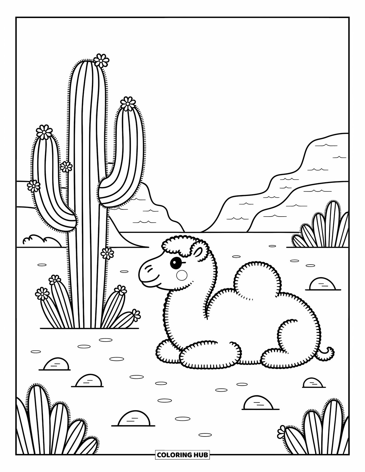 Desert Animals Coloring Page for Adults: Camel resting near saguaro cacti with stones, shrubs, and low rocky hills