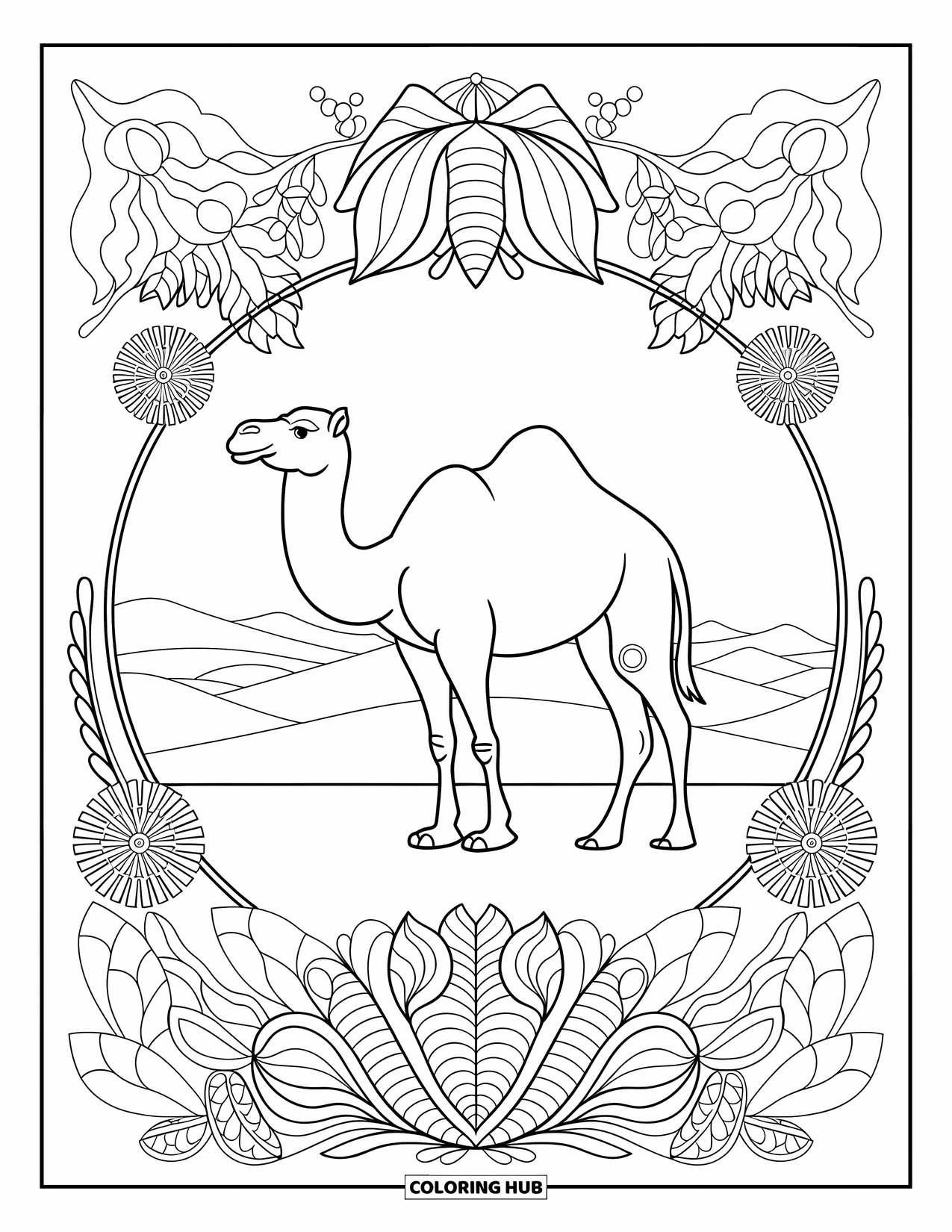 Desert Animals Coloring Page for Adults: Camel rests among sand dunes, surrounded by desert blooms and cactus shapes