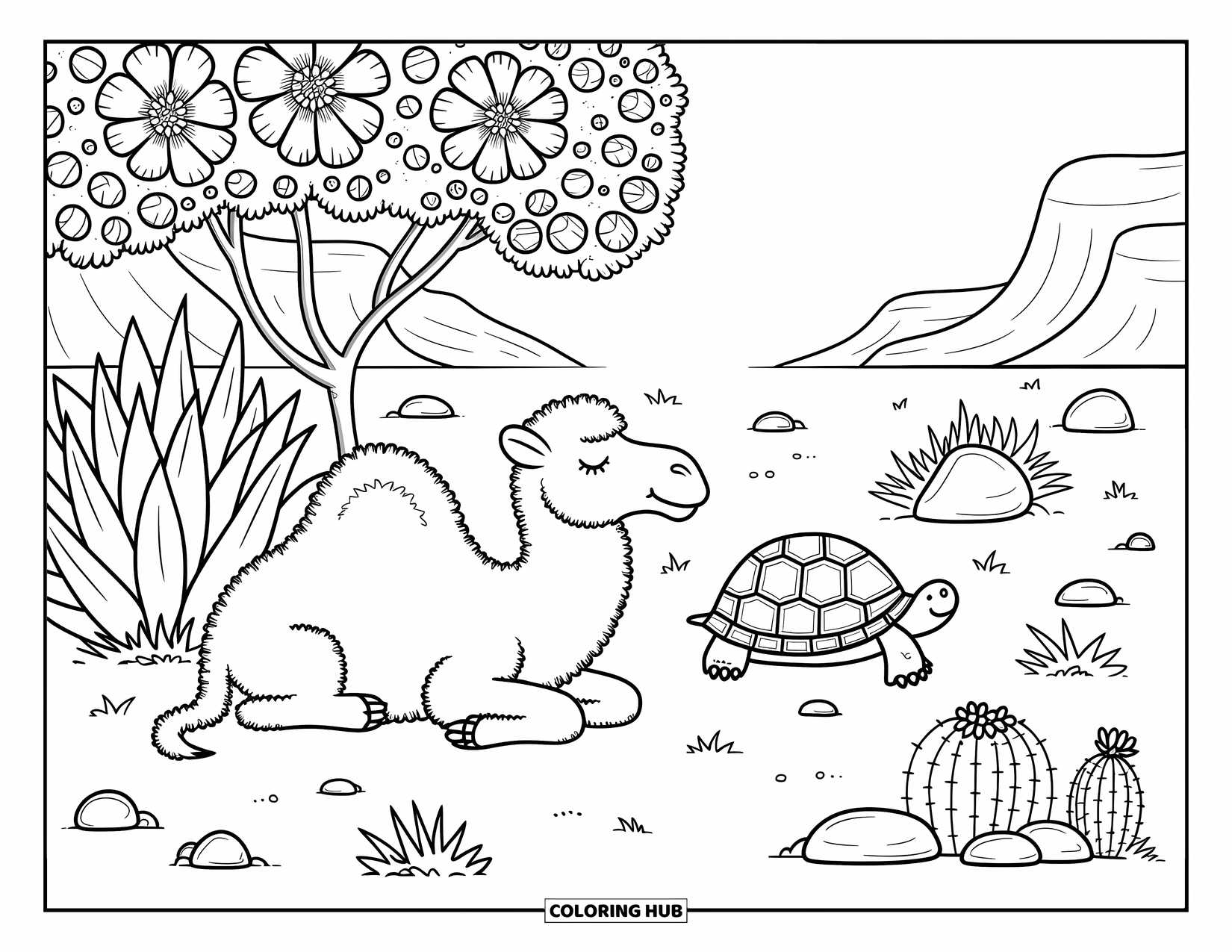 Desert Animals Coloring Page for Adults: Camel under agave shade with tortoise, Gila monster, desert blooms, and rocky hills