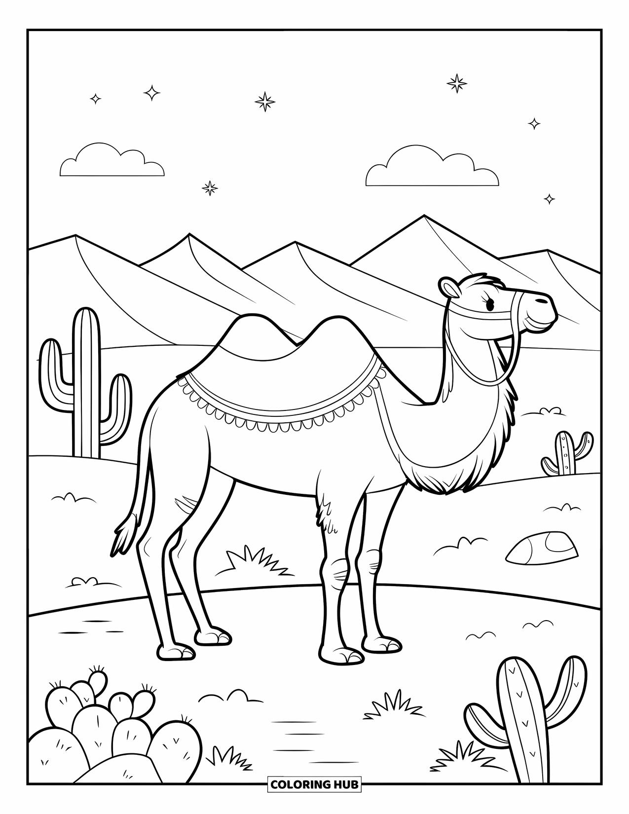 Desert Animals Coloring Page for Adults: Camel with a saddle stands under desert stars with cactus and dunes nearby