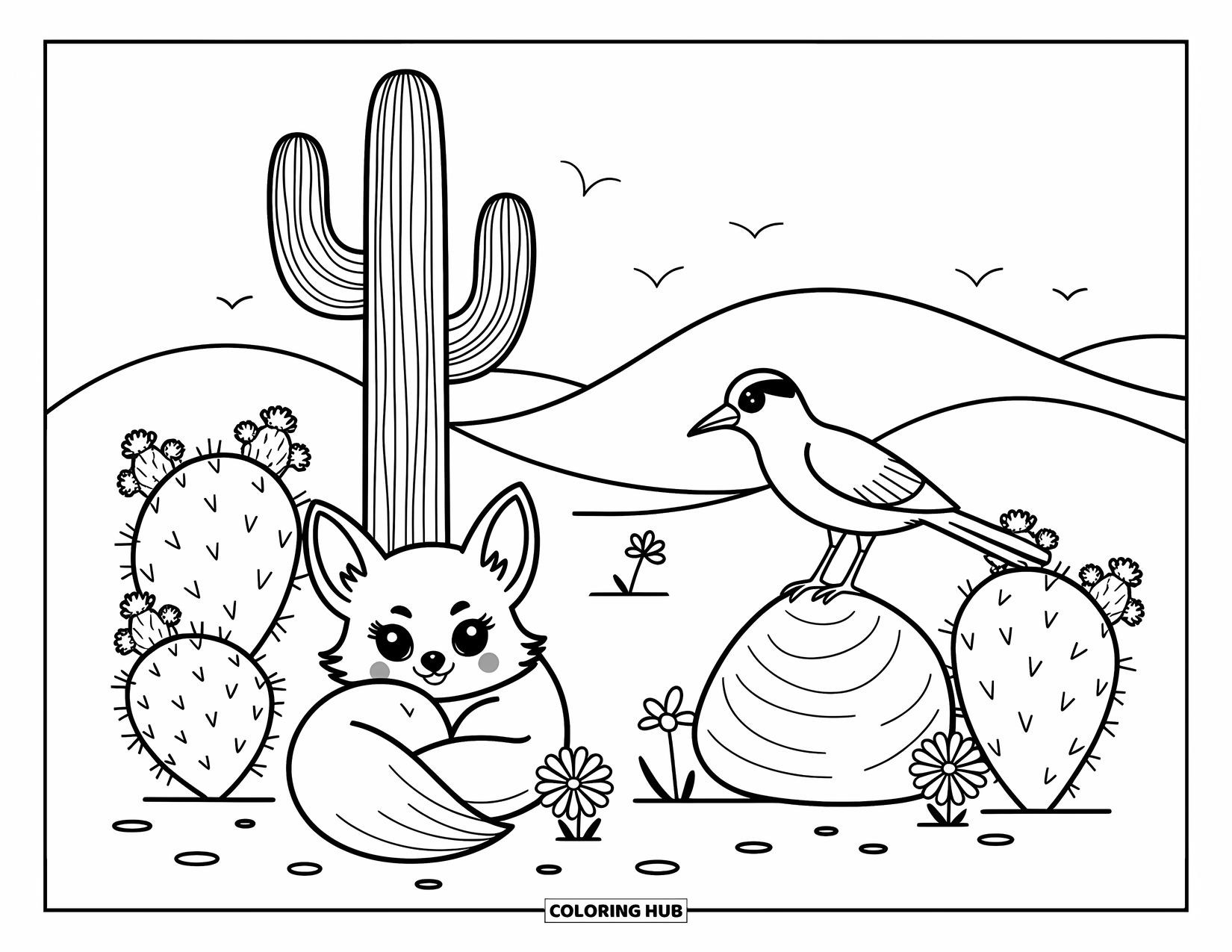 Desert Animals Coloring Page for Adults: Fennec fox curled by saguaro with meerkat, roadrunner, cacti, and desert daisies