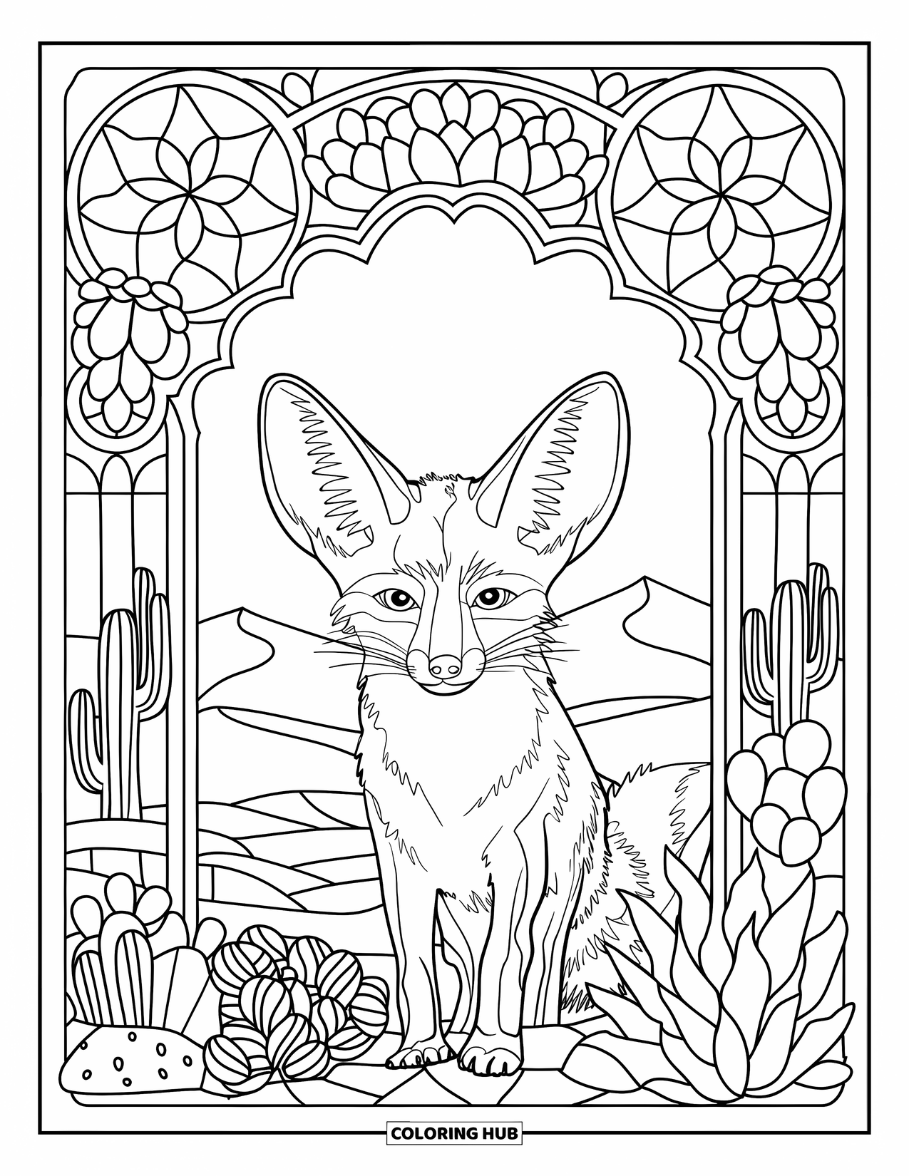 Desert Animals Coloring Page for Adults: Fennec fox looks alert in a desert of stained-glass plants and soft sand