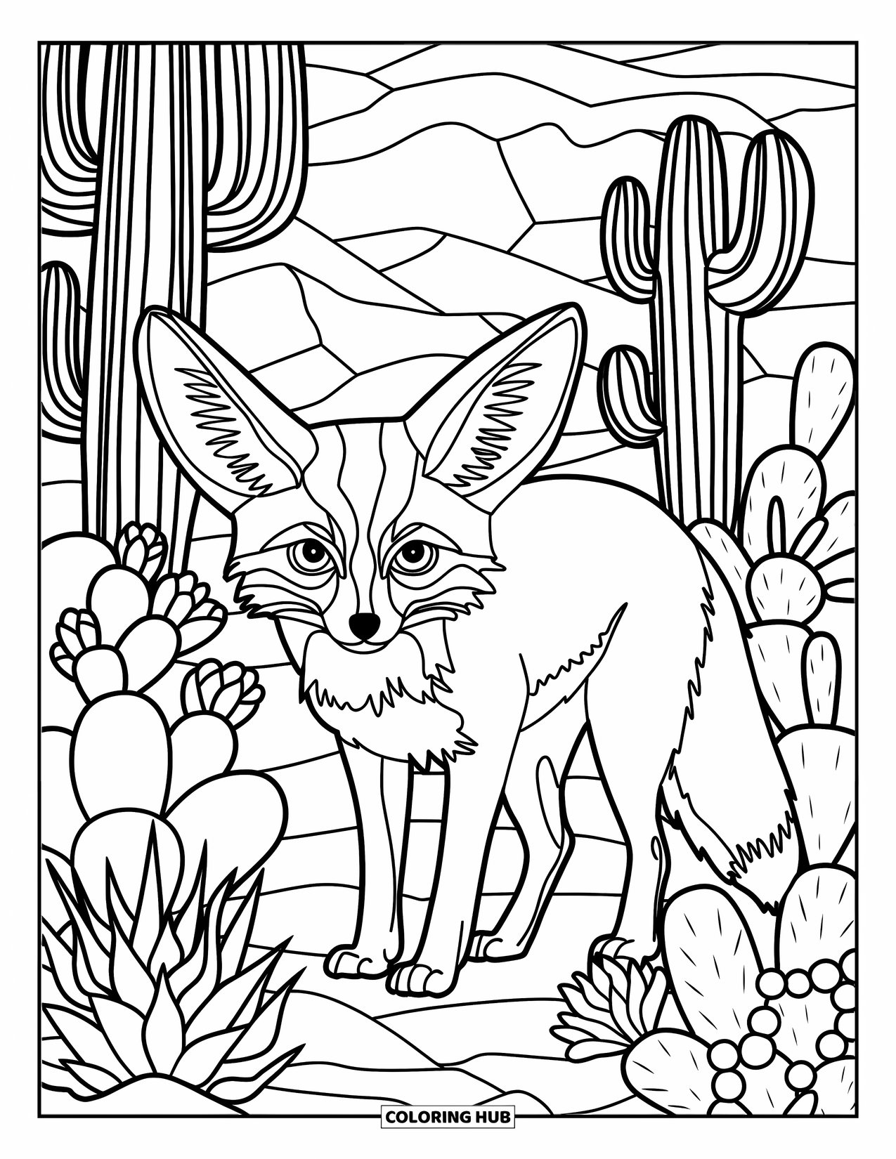Desert Animals Coloring Page for Adults: Fennec fox rests quietly among cactus and succulent patterns in the desert