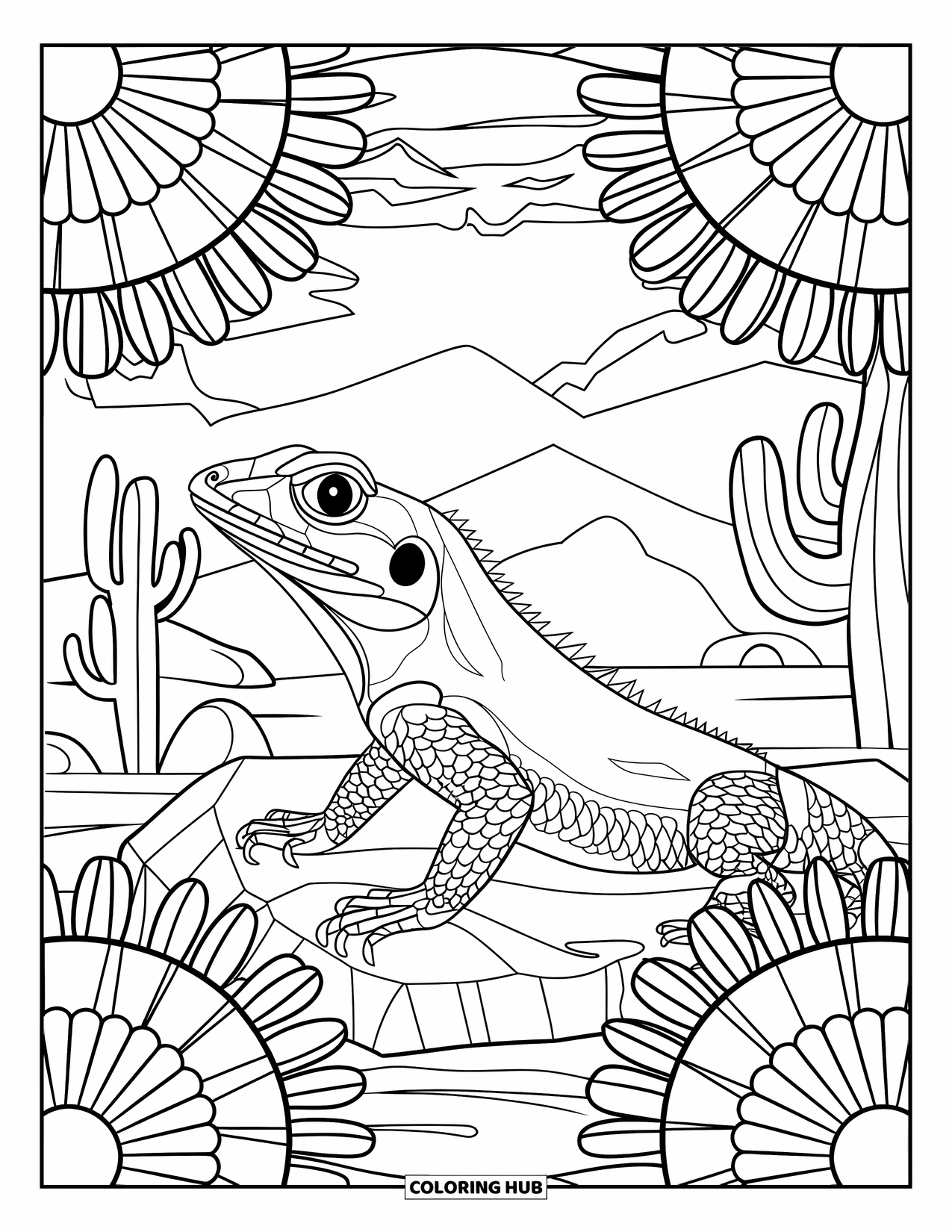 Desert Animals Coloring Page for Adults: Horned lizard rests on a rock with mountains and desert flowers around