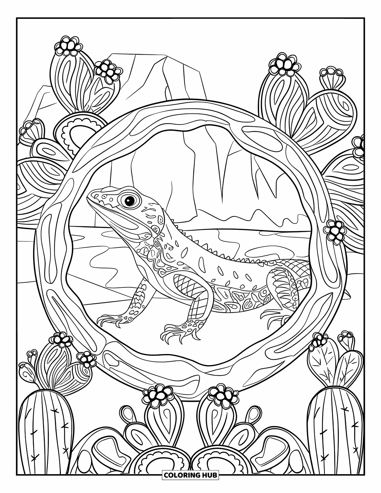Desert Animals Coloring Page for Adults: Horned lizard sits calmly among blooming desert cacti and rocky terrain