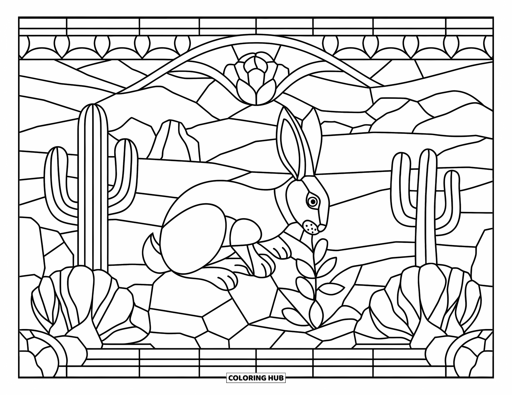 Desert Animals Coloring Page for Adults: Jackrabbit snacks on a desert plant in a colorful, patterned glass panel