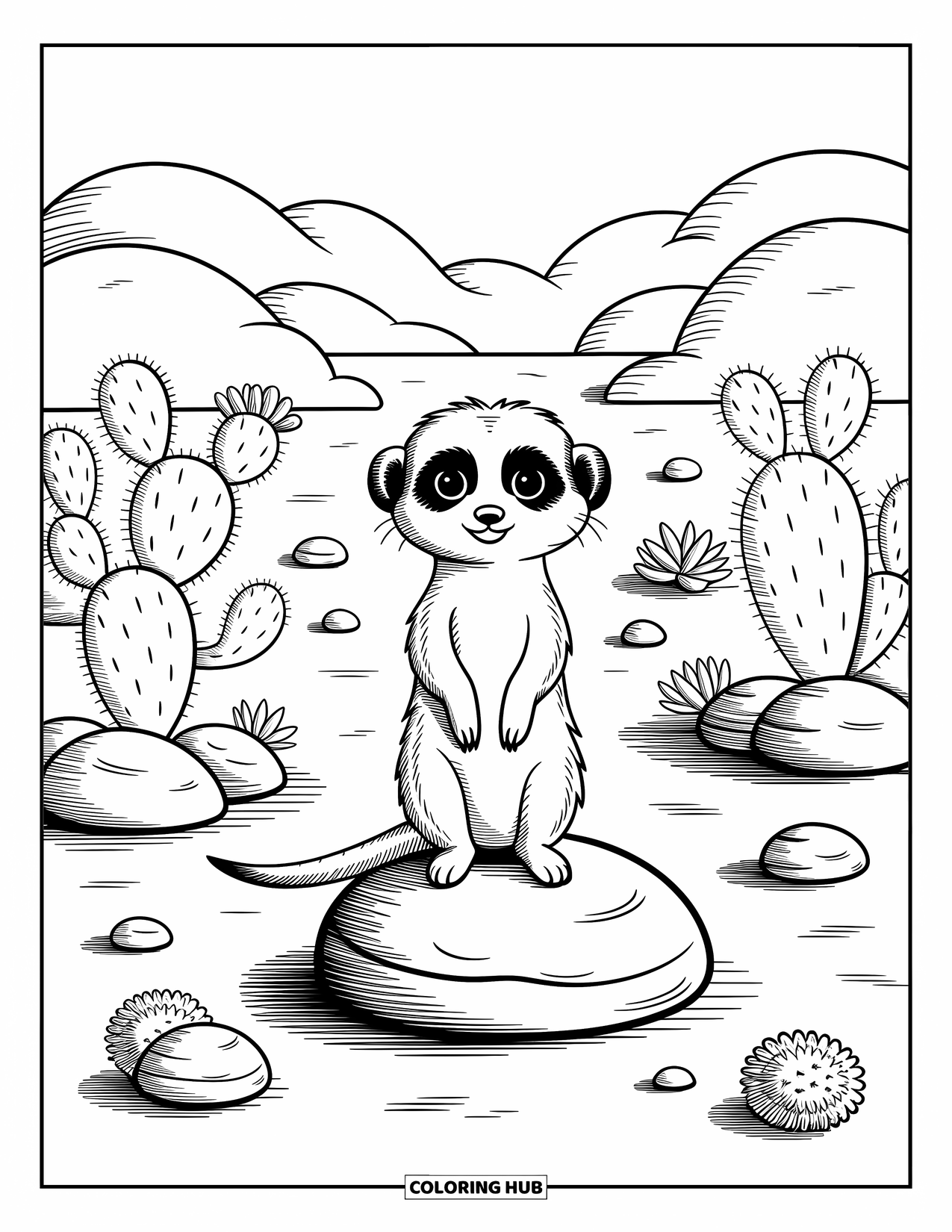 Desert Animals Coloring Page for Adults: Meerkat on boulder with cacti, flowers, tumbleweeds, and warm sunset horizon
