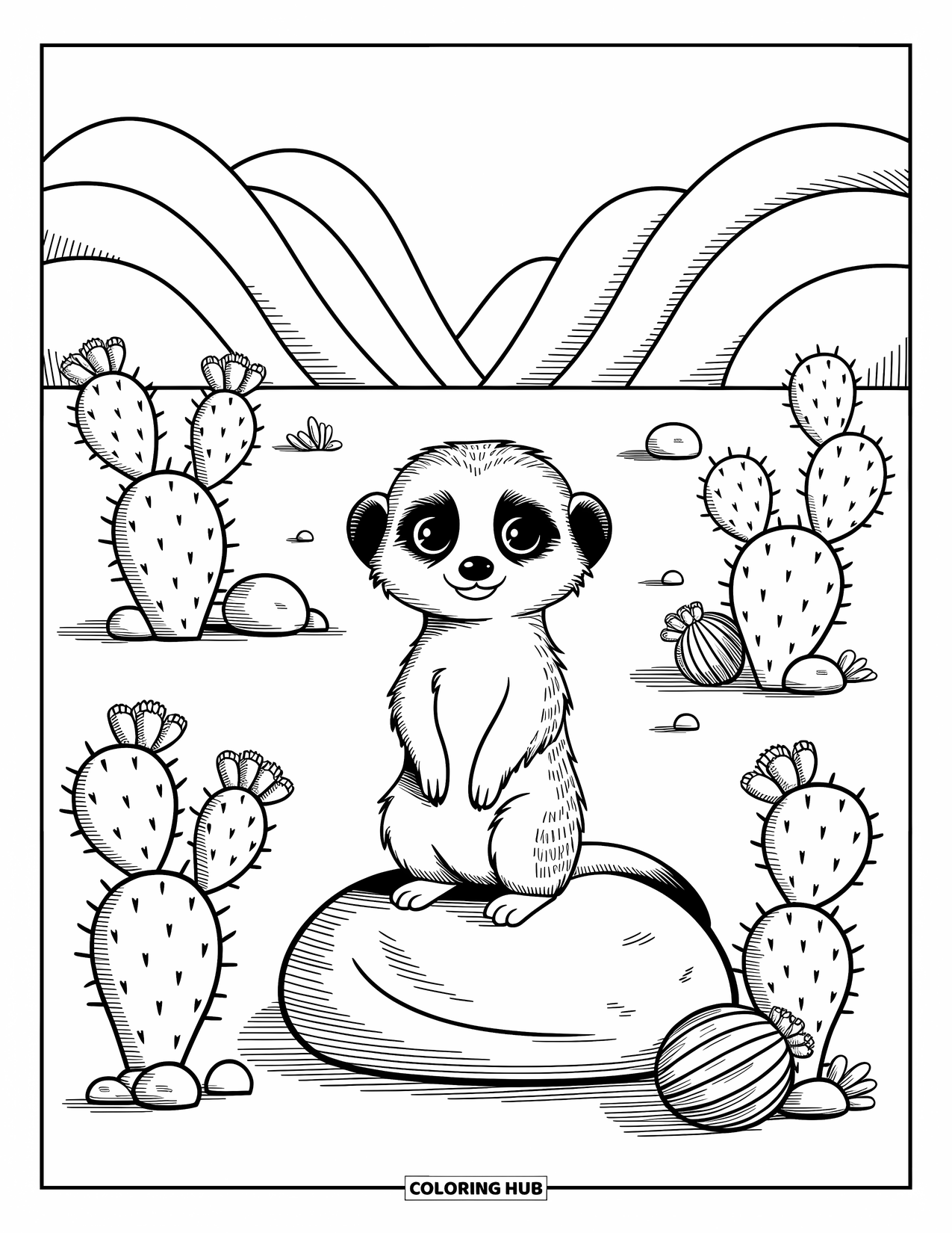 Desert Animals Coloring Page for Adults: Meerkat on boulder with prickly pear cacti, flowers, and tumbleweeds