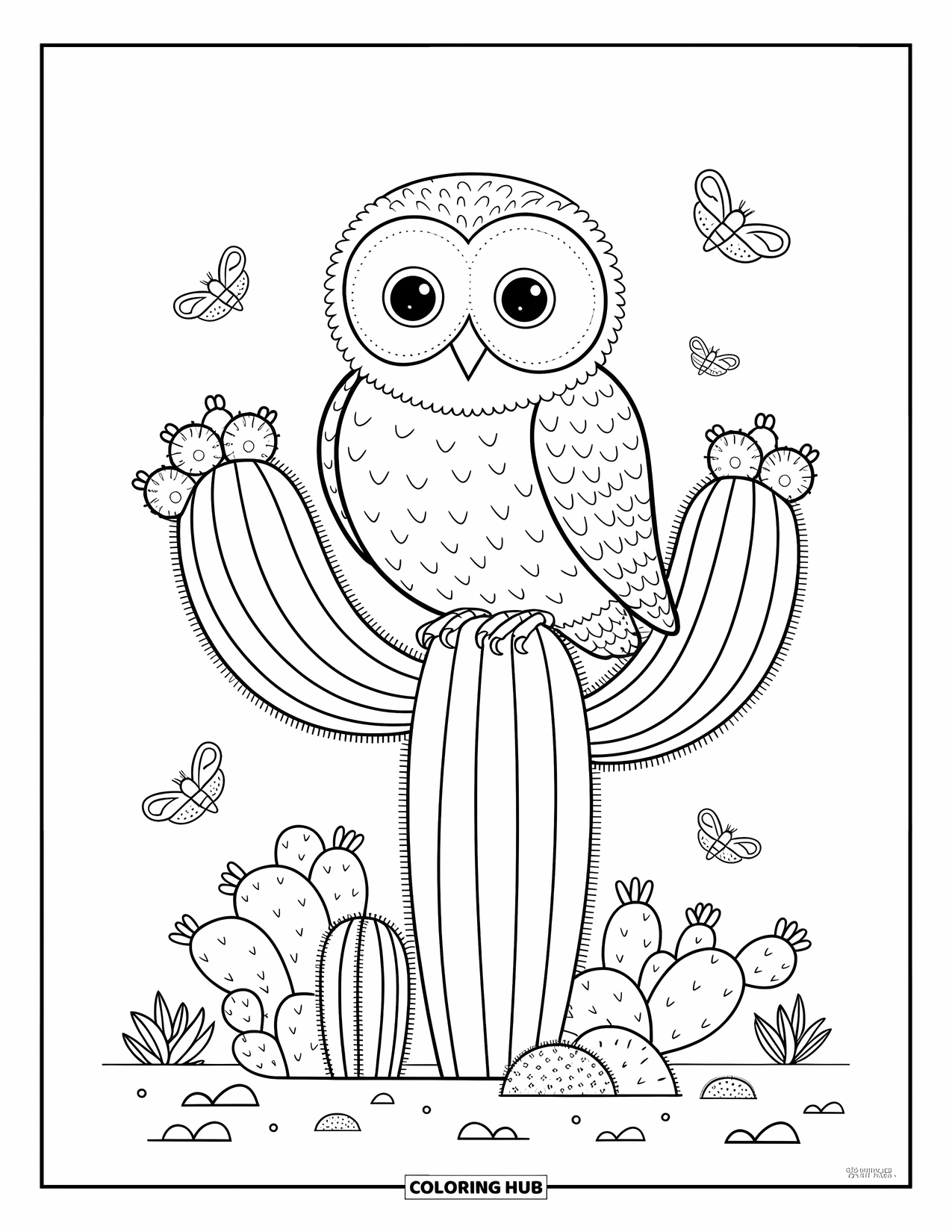 Desert Animals Coloring Page for Adults: Owl on cactus with blooms, moths, succulents, and desert rocks