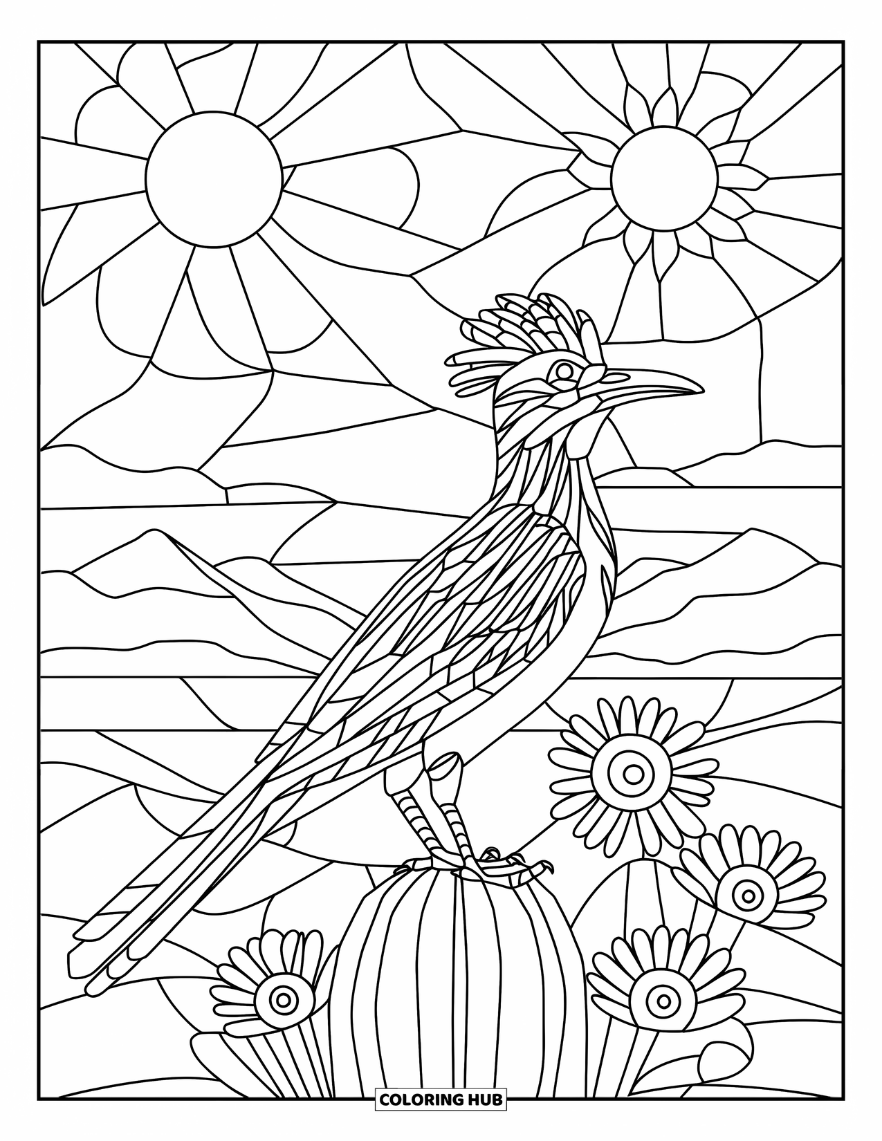 Desert Animals Coloring Page for Adults: Roadrunner perches on a cactus under sunny skies and blooming patterns