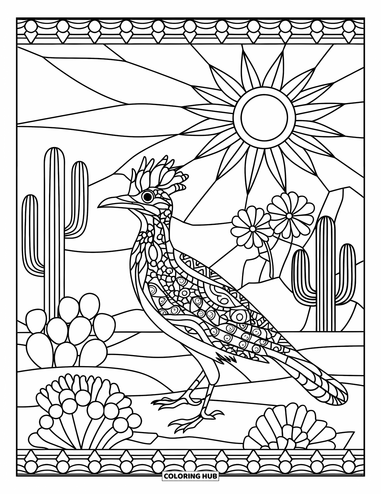 Desert Animals Coloring Page for Adults: Roadrunner stands tall in a patterned desert scene with sun and flowers