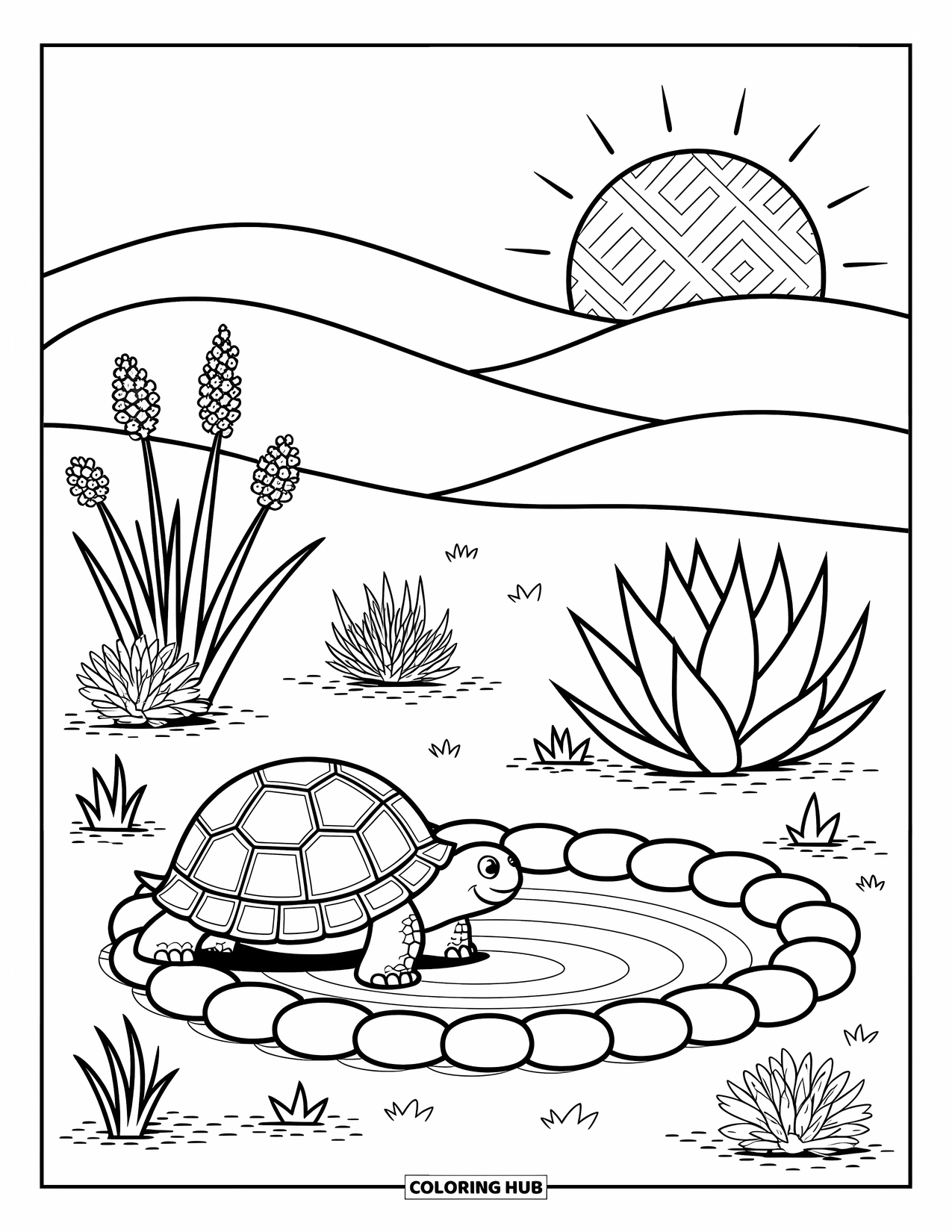 Desert Animals Coloring Page for Adults: Tortoise walking to small water hole with flowers, agave, and desert dunes