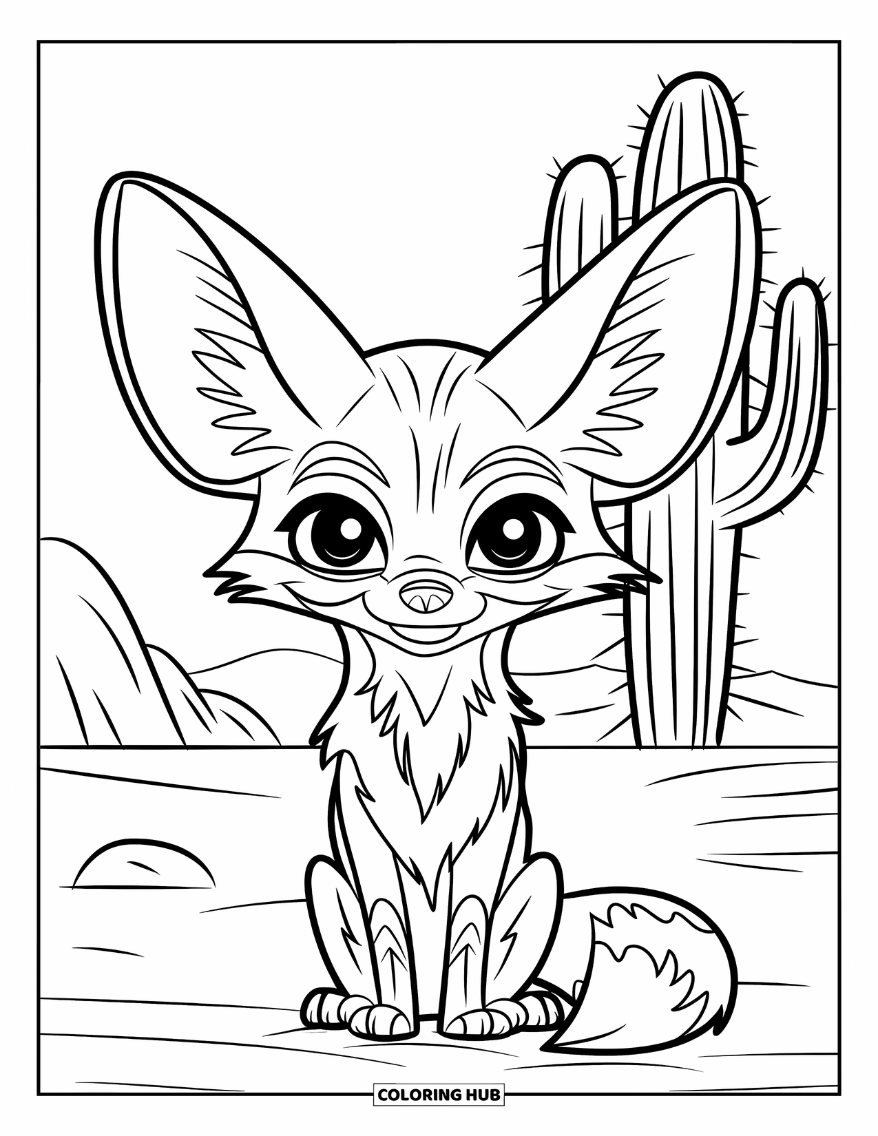 Desert Animals Coloring Page for Kids: Big-eared fennec fox sitting with rocks behind it