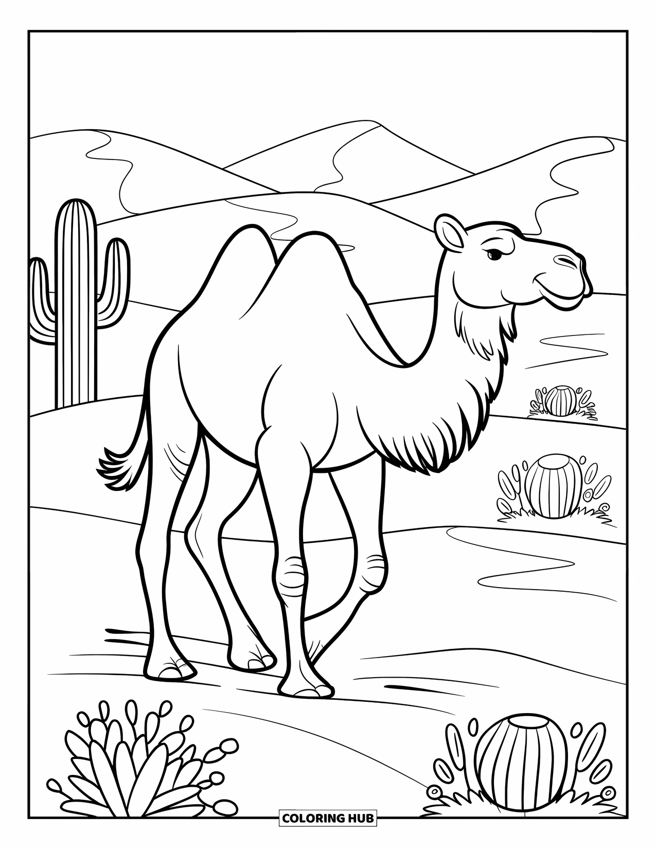 Desert Animals Coloring Page for Kids: Camel walking through sand dunes with desert flowers
