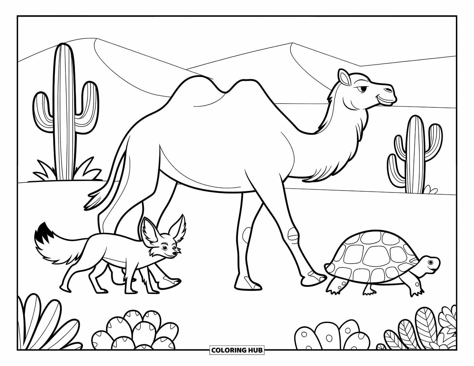 Desert Animals Coloring Page for Kids: Camel with a fennec fox and tortoise among cacti and sand dunes