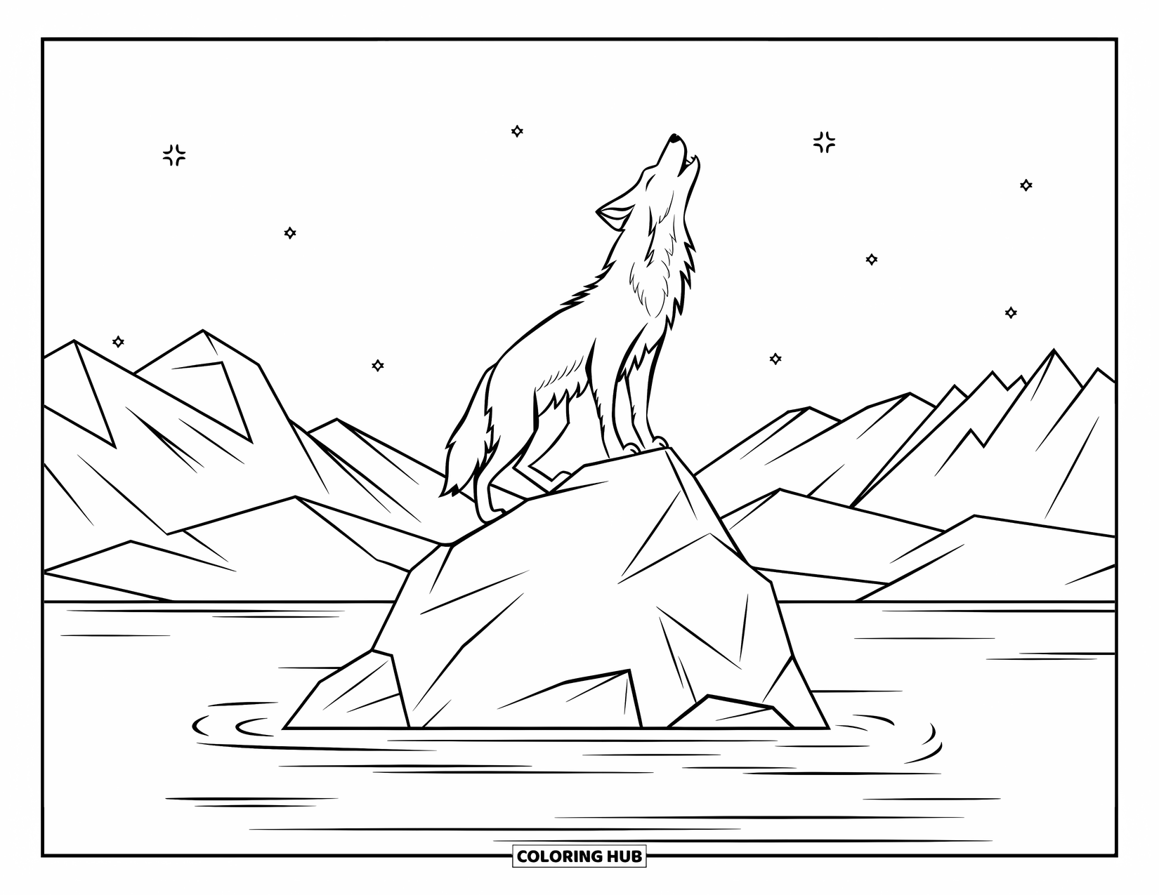 Desert Animals Coloring Page for Kids: Coyote howling from a rock surrounded by water and mountains