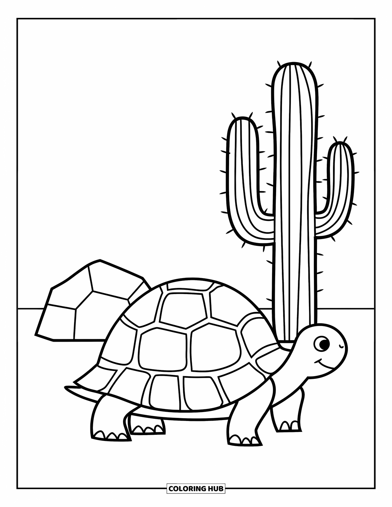 Desert Animals Coloring Page for Kids: Desert tortoise walking past a small rock and cactus