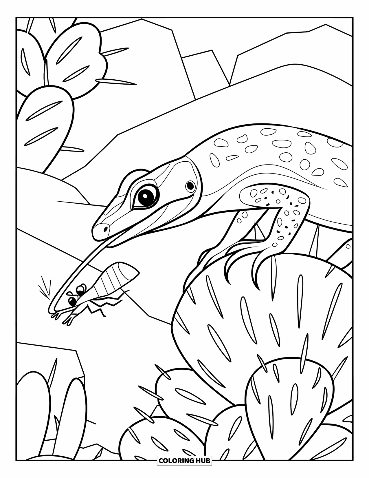 Desert Animals Coloring Page for Kids: Horned lizard extending its tongue to catch a bug on a cactus