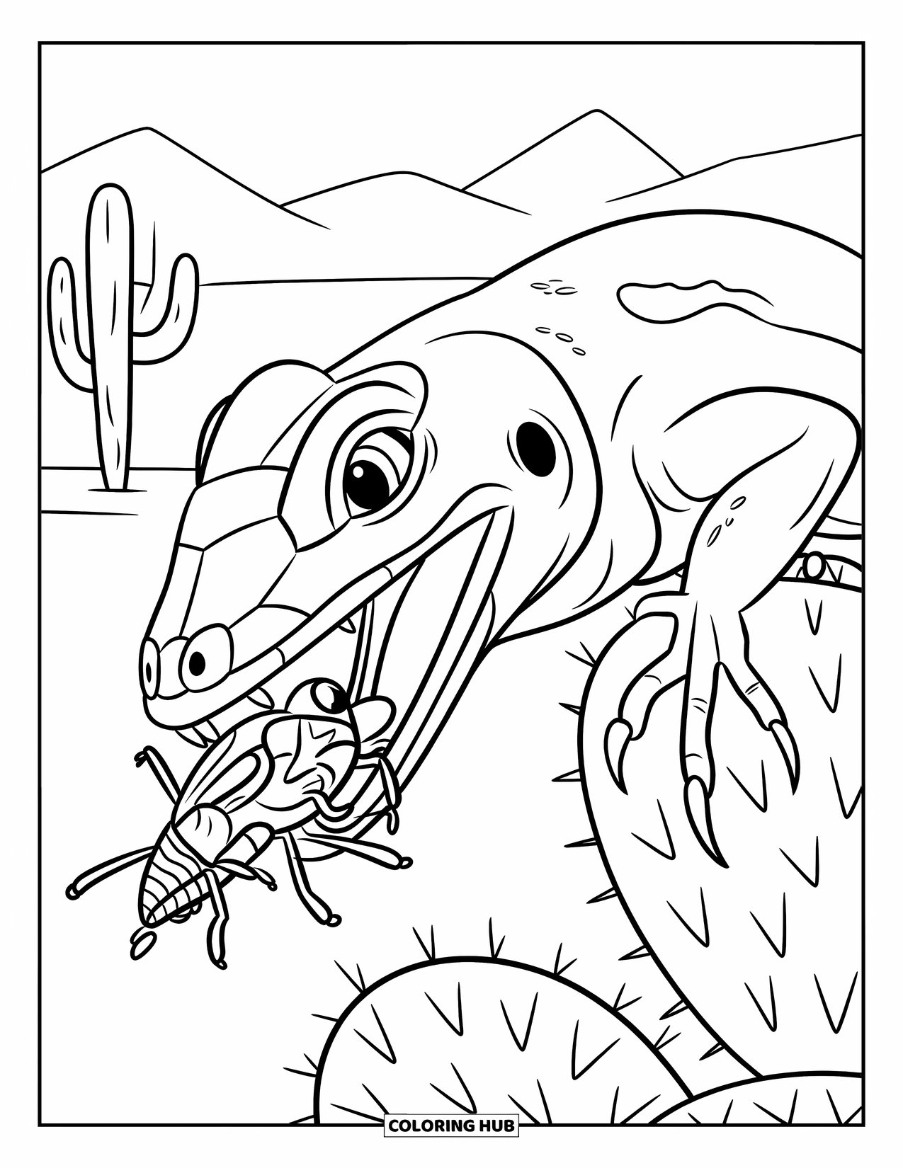 Desert Animals Coloring Page for Kids: Horned lizard gripping a bug tightly while perched on a cactus