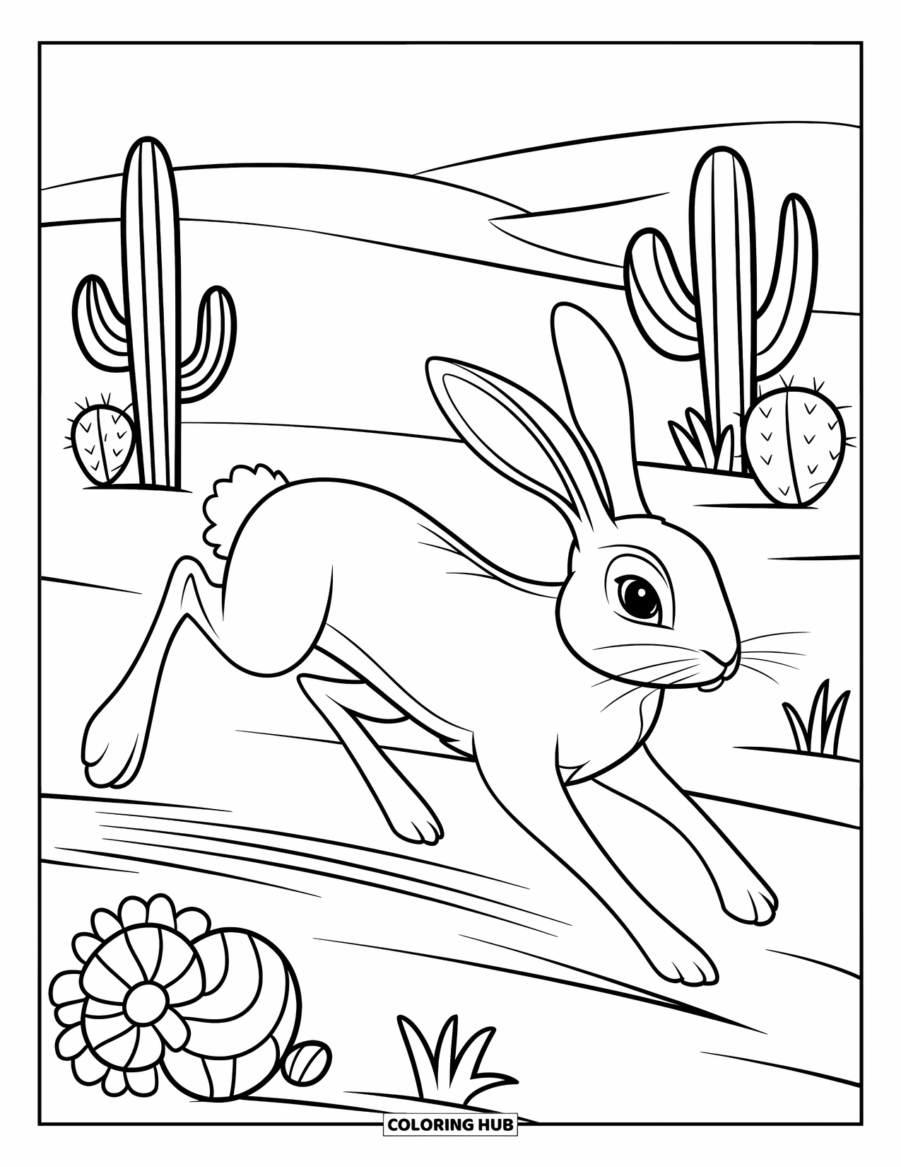 Desert Animals Coloring Page for Kids: Jackrabbit running on a sandy path with cacti nearby