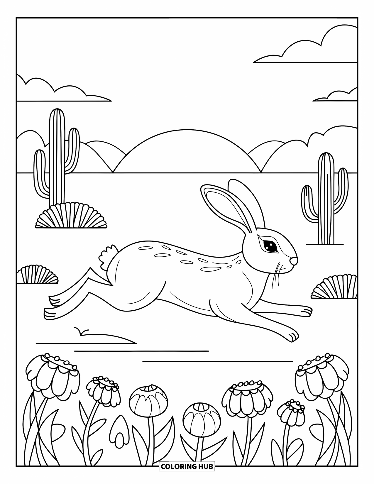 Desert Animals Coloring Page for Kids: Jackrabbit running past flowers with cacti on the horizon