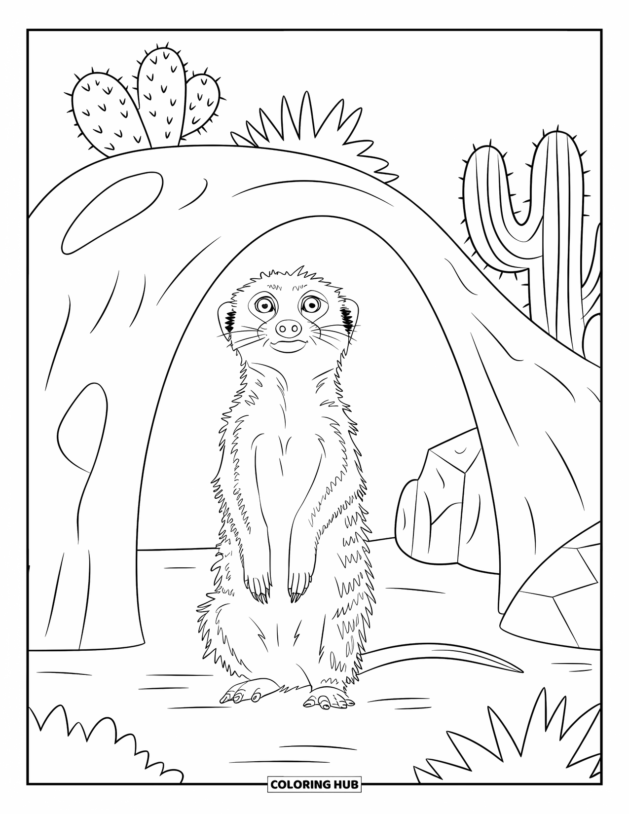 Desert Animals Coloring Page for Kids: Meerkat standing guard at the entrance of its burrow
