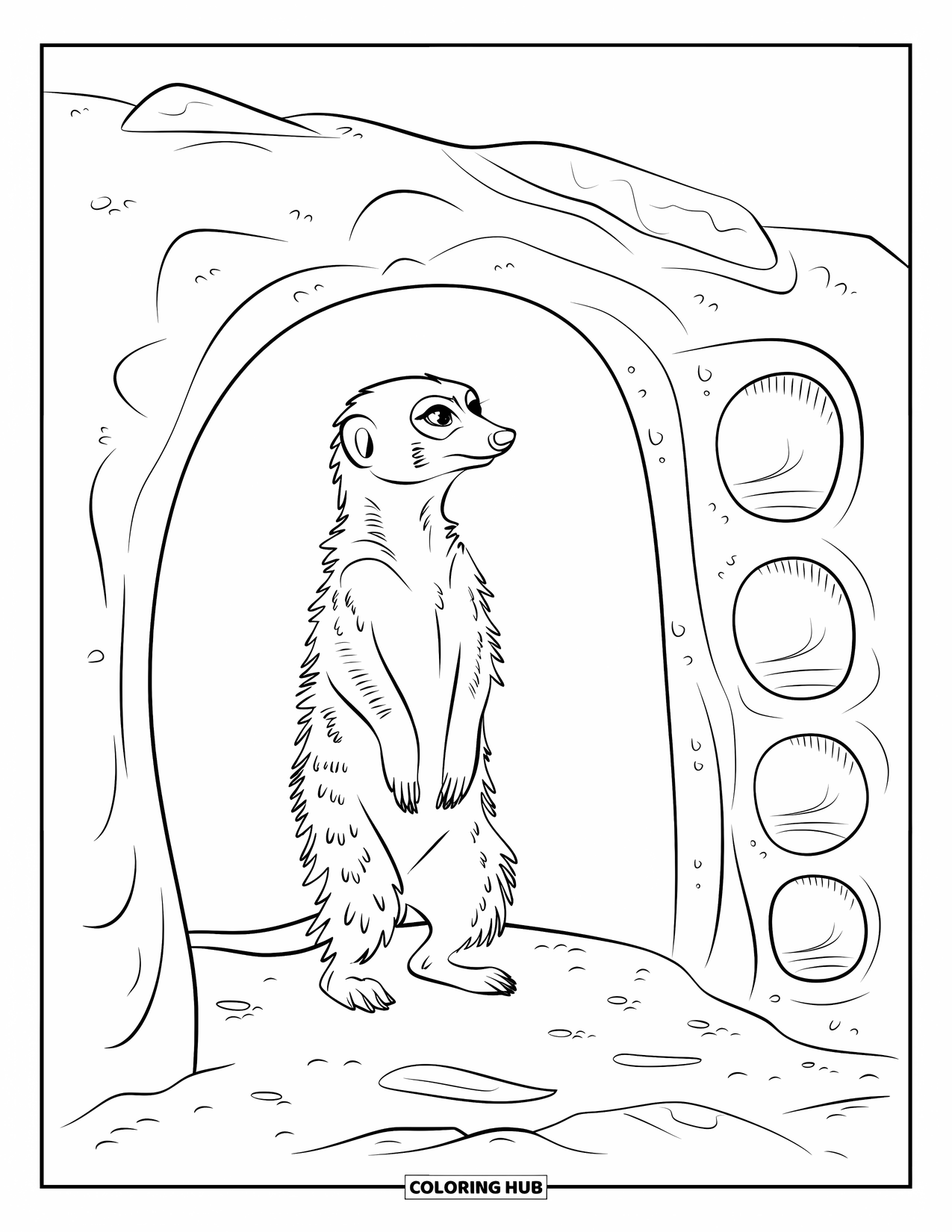 Desert Animals Coloring Page for Kids: Meerkat standing upright beside a multi-chambered burrow