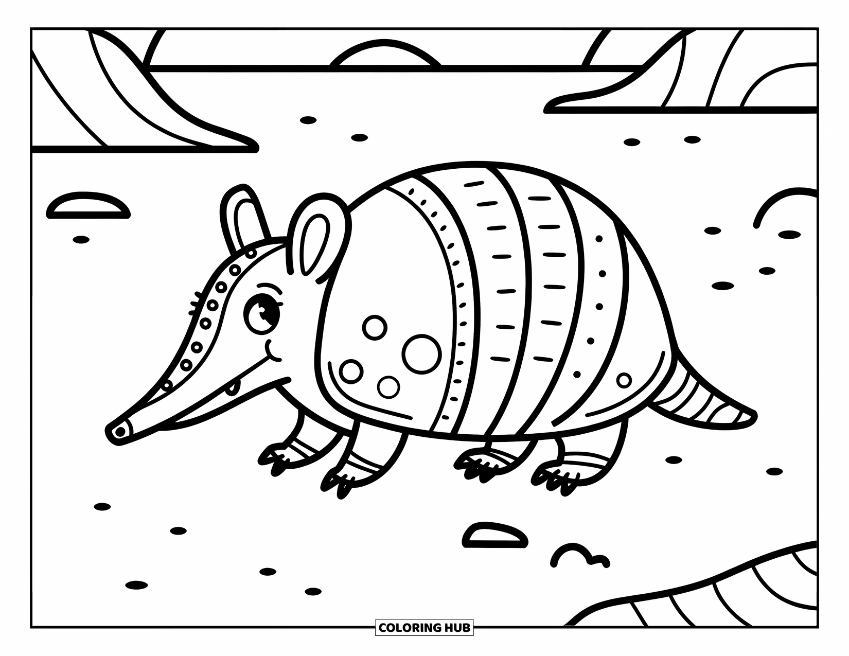 Desert Animals Coloring Page for Kids: Playful armadillo strolling over white sandy ground