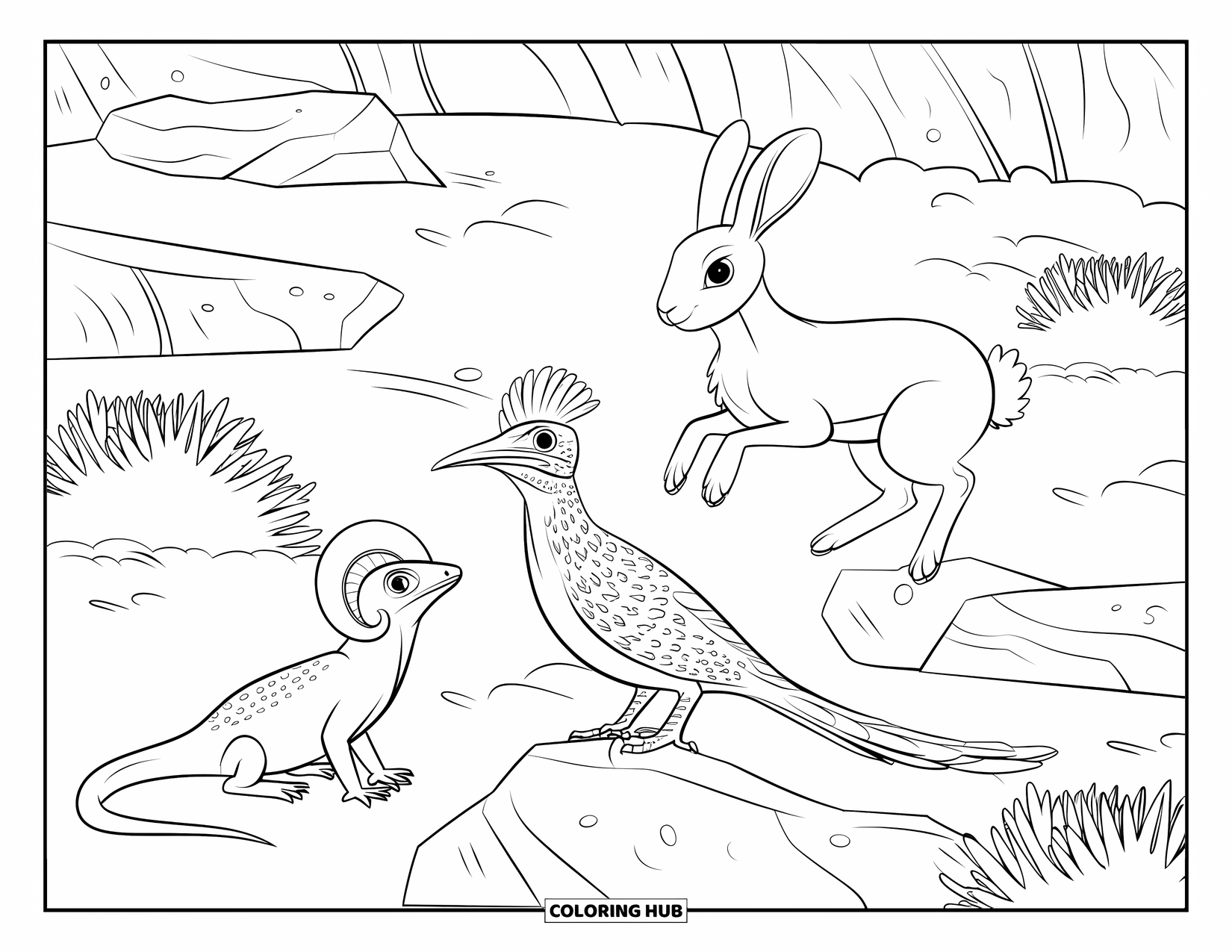Desert Animals Coloring Page for Kids: Roadrunner on a rock with a horned lizard and jackrabbit in rocky desert terrain