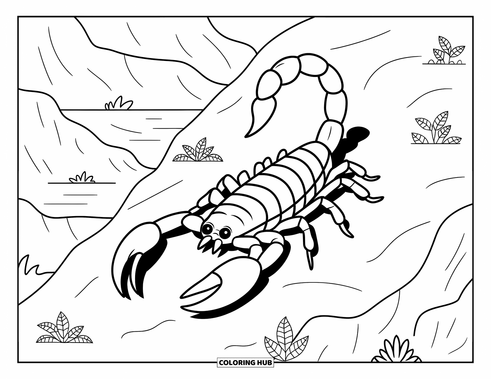 Desert Animals Coloring Page for Kids: Scorpion on a rocky slope dotted with plants