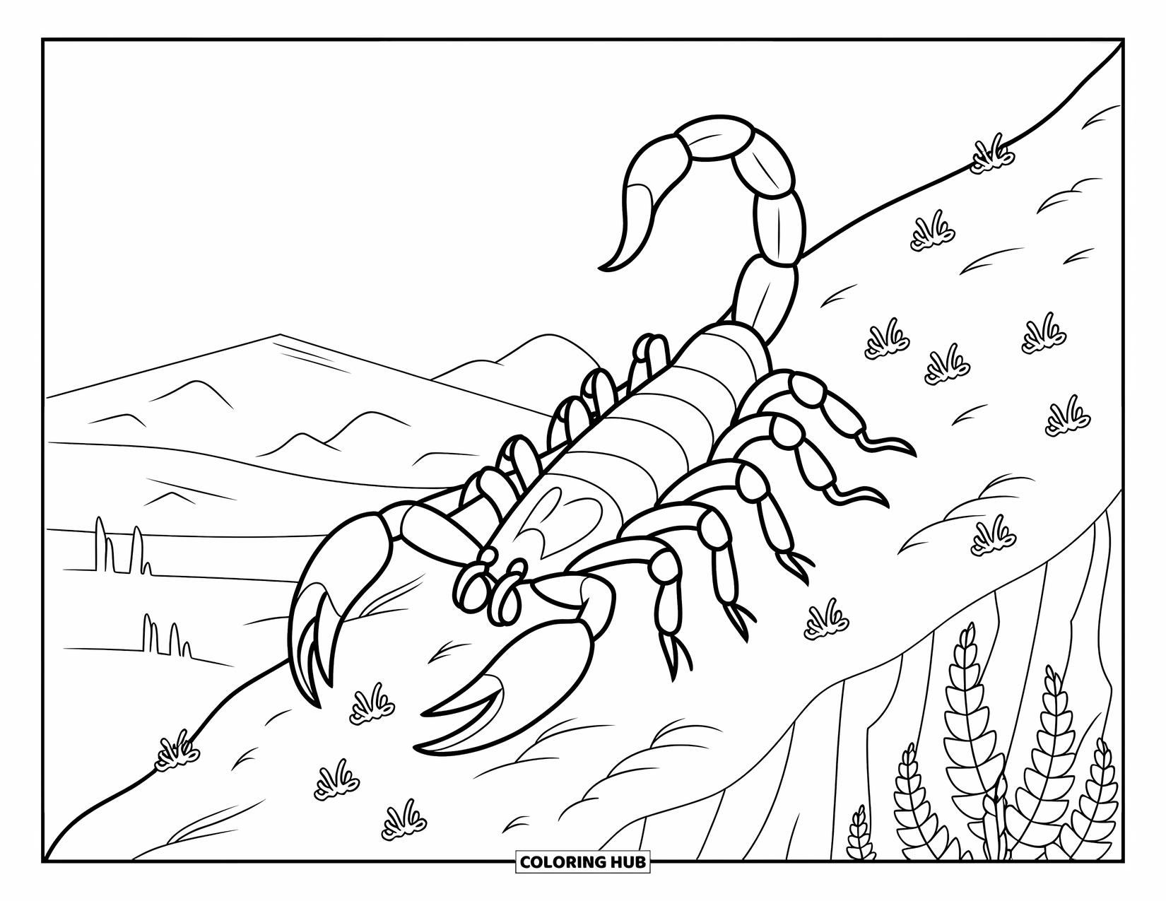 Desert Animals Coloring Page for Kids: Scorpion with raised tail among plants on a rocky slope