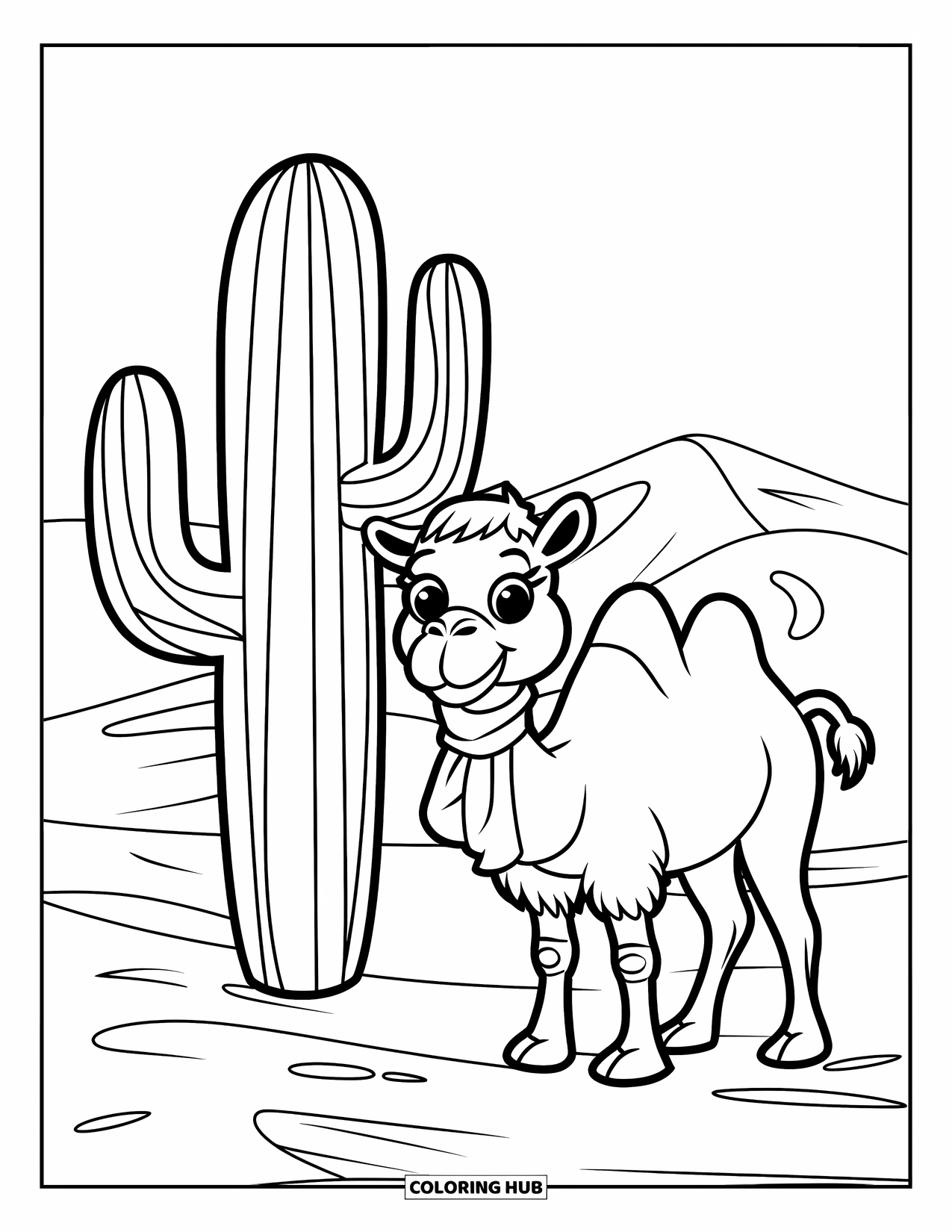 Desert Animals Coloring Page for Kids: Smiling camel standing beside a tall cactus