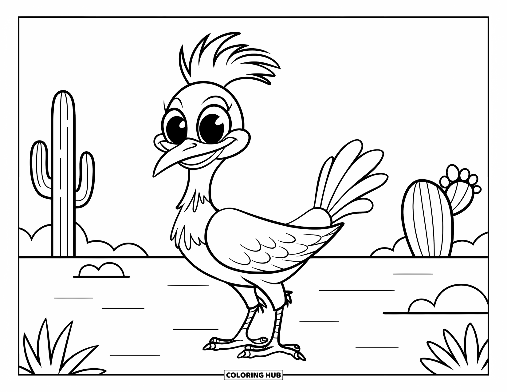 Desert Animals Coloring Page for Kids: Smiling roadrunner with cacti and rocks nearby