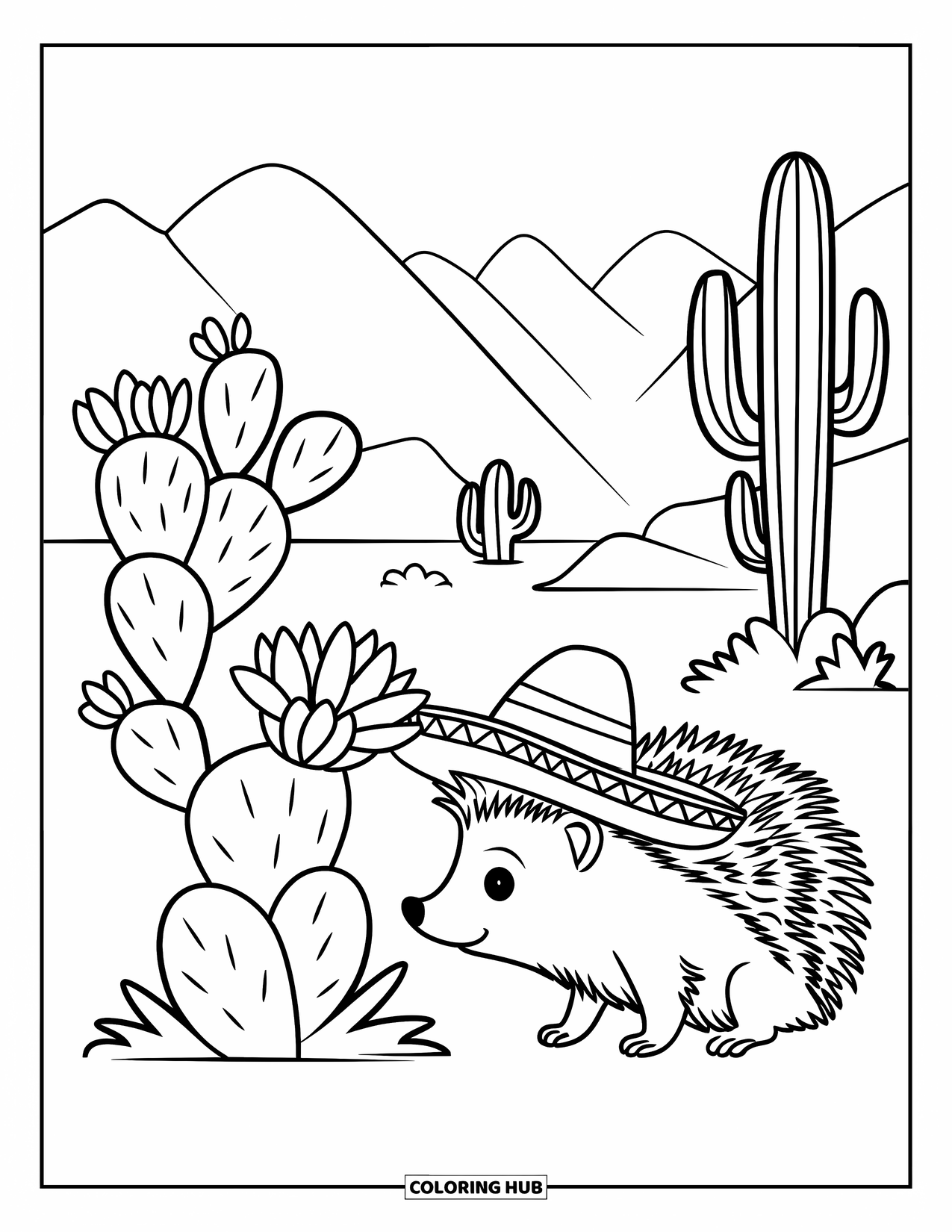 Desert Animals Coloring Page for Kids: Sombrero-wearing hedgehog sniffing a blooming cactus flower