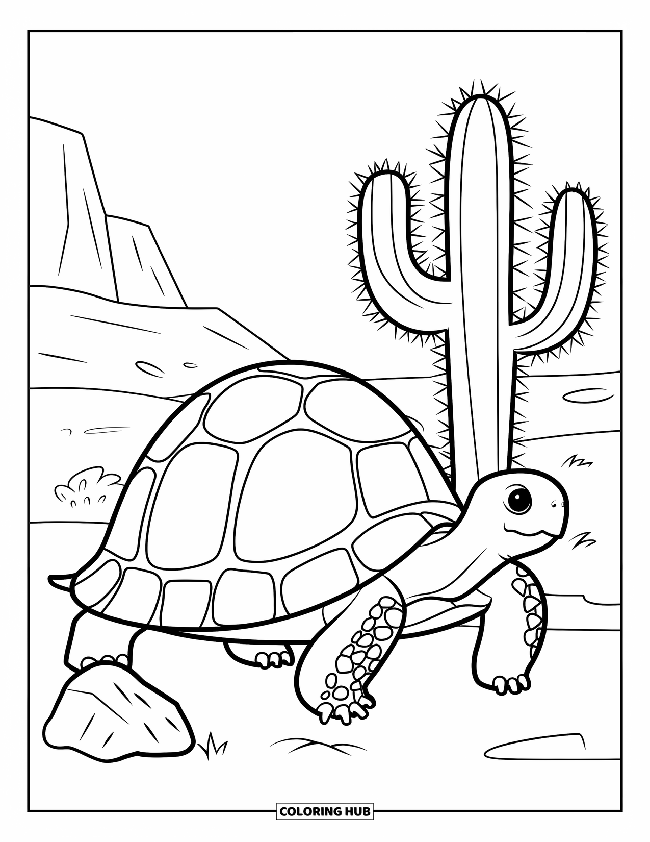 Desert Animals Coloring Page for Kids: Tortoise with a curved shell walking past a cactus