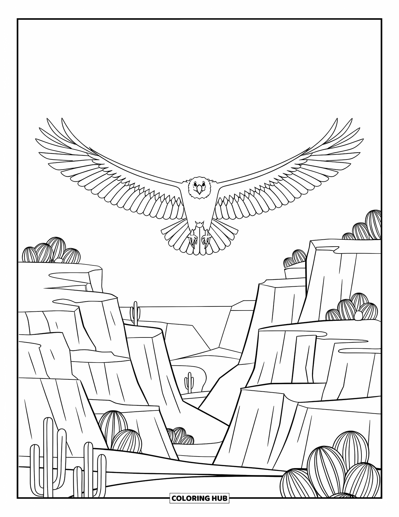 Desert Animals Coloring Page for Kids: Vulture above cactus-dotted cliffs in the open desert
