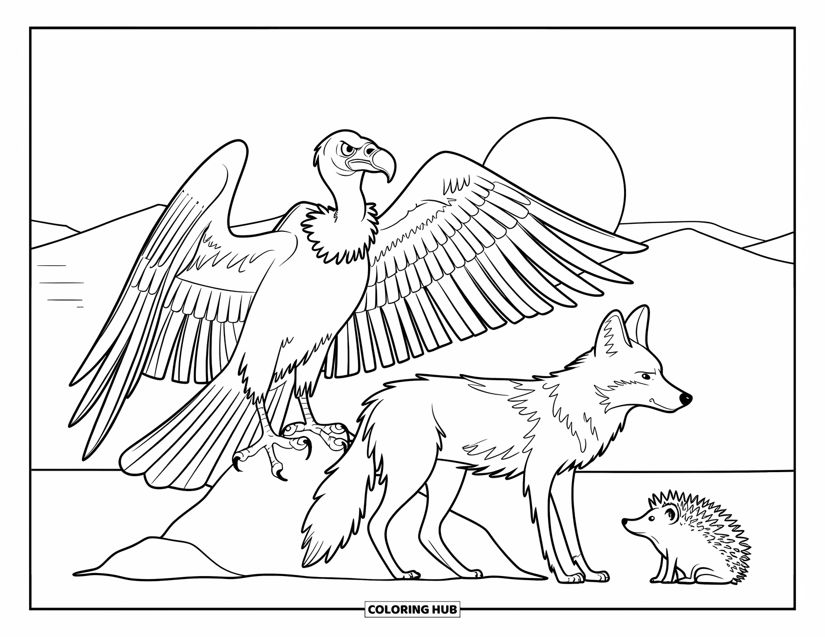 Desert Animals Coloring Page for Kids: Vulture with wings spread near an alert coyote and spiky hedgehog in the desert