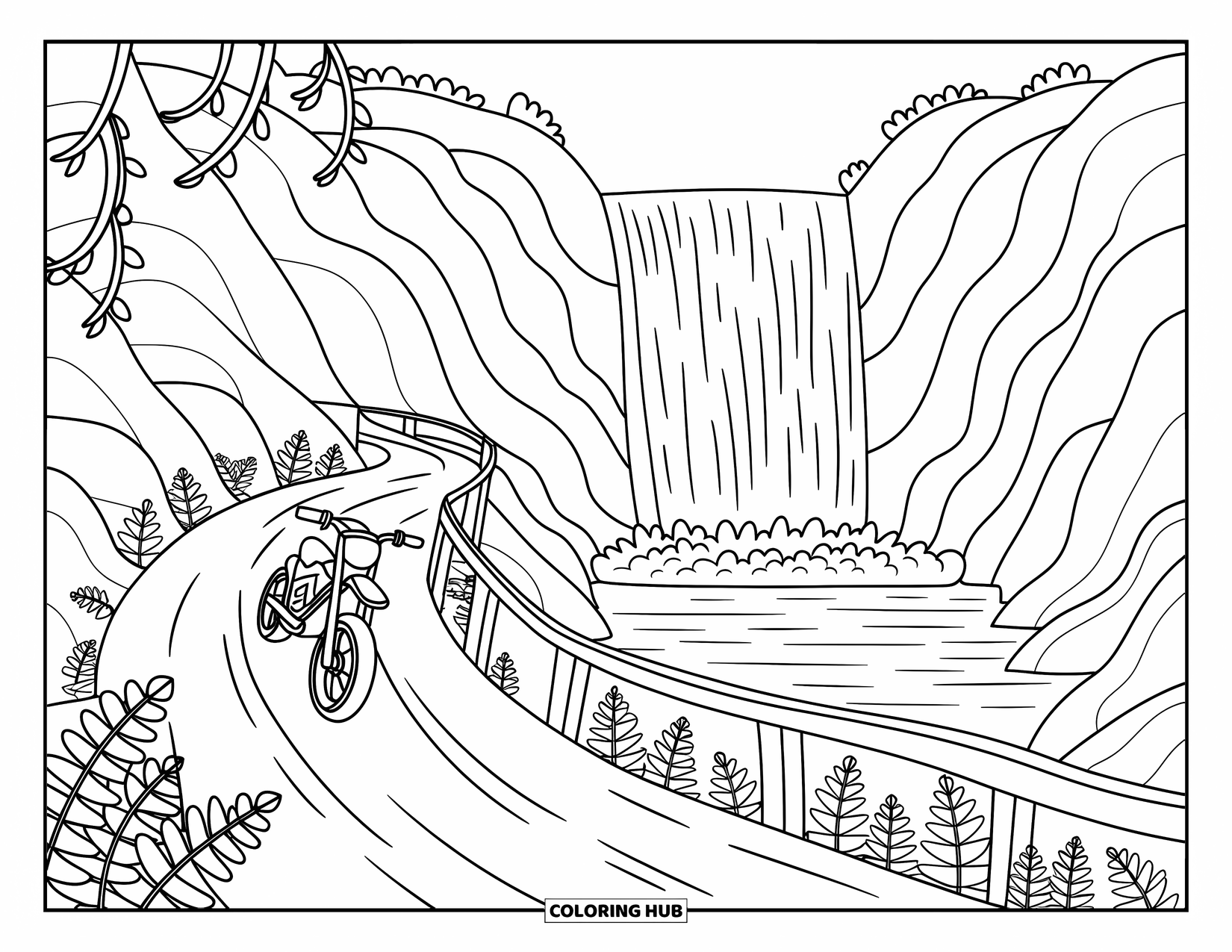 Dirtbike Coloring Page for Adults: A curvy trail beside a waterfall welcomes a dirtbike and playful forest plants