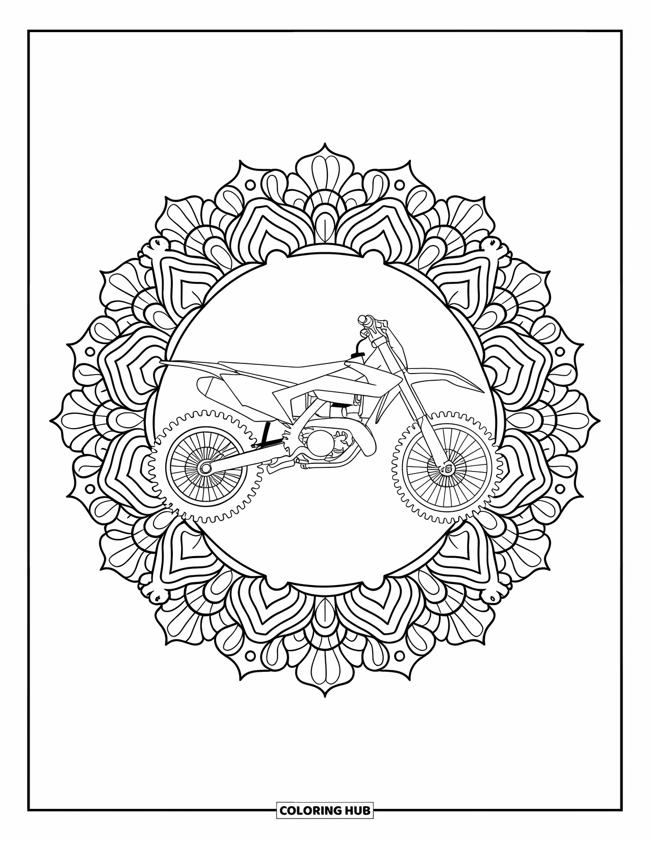 Dirtbike Coloring Page for Adults: A detailed mandala encircles a dirtbike drawn in bold, clean lines