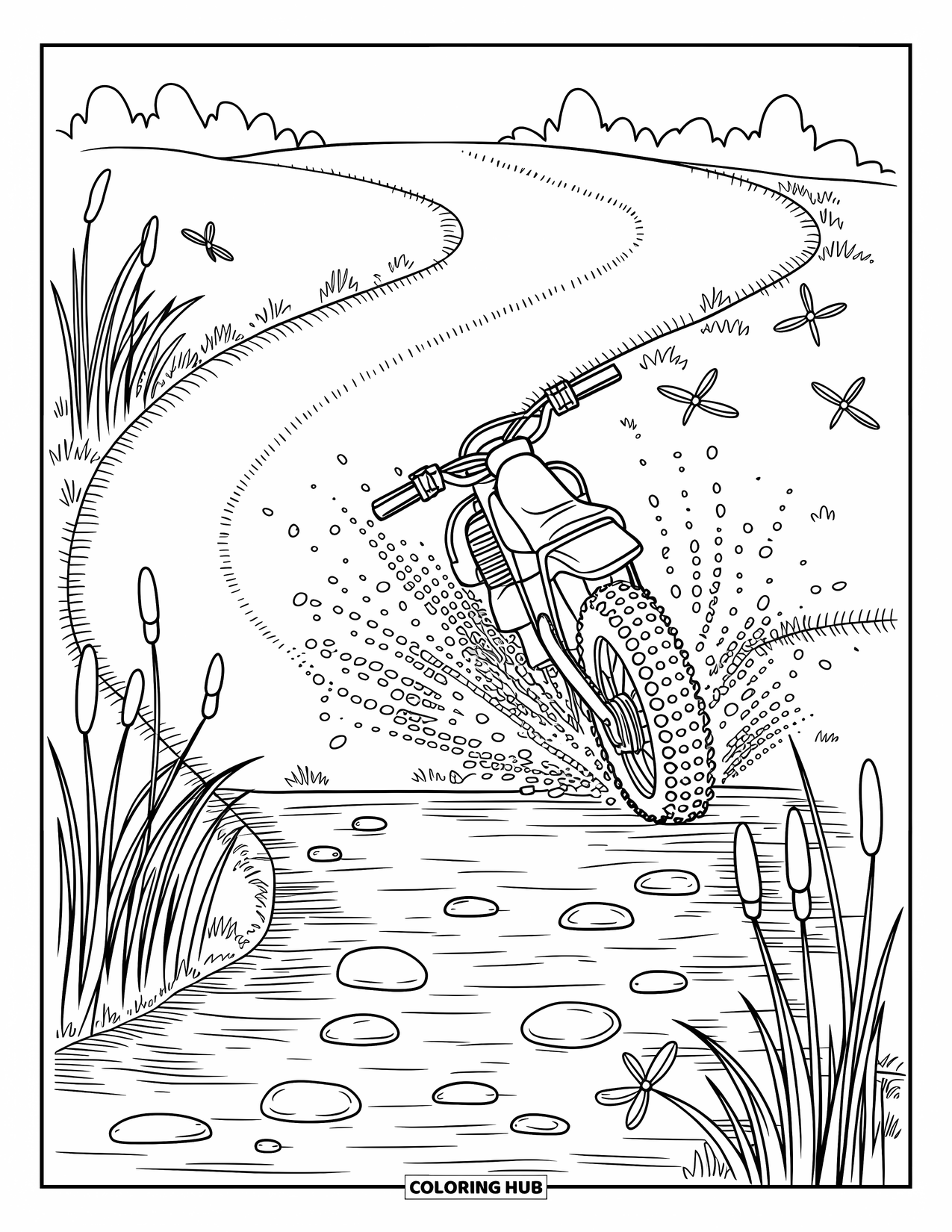 Dirtbike Coloring Page for Adults: A dirtbike crosses a gentle creek while grass and pebbles line the trail