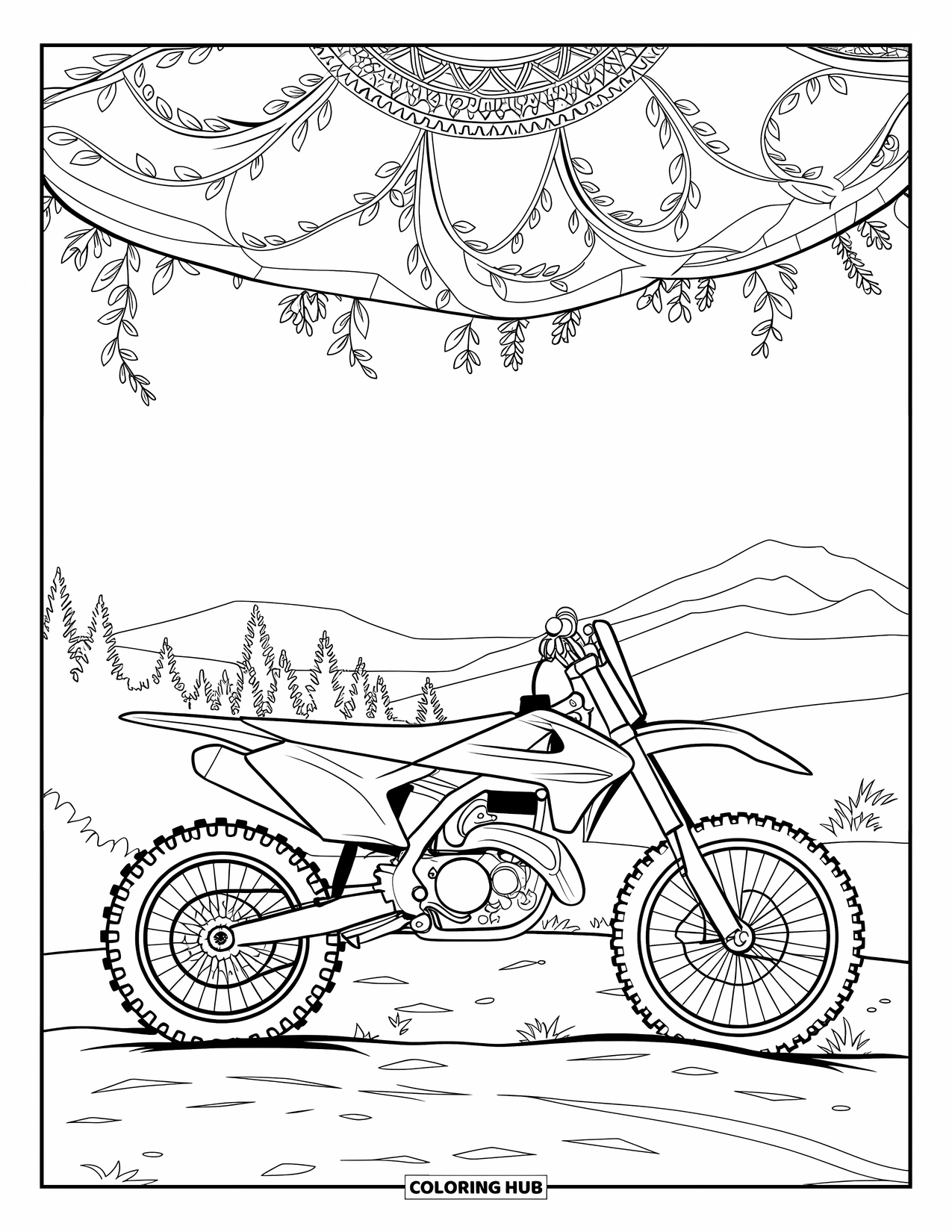 Dirtbike Coloring Page for Adults: A dirtbike rests beneath a vine mandala canopy in a peaceful mountain scene