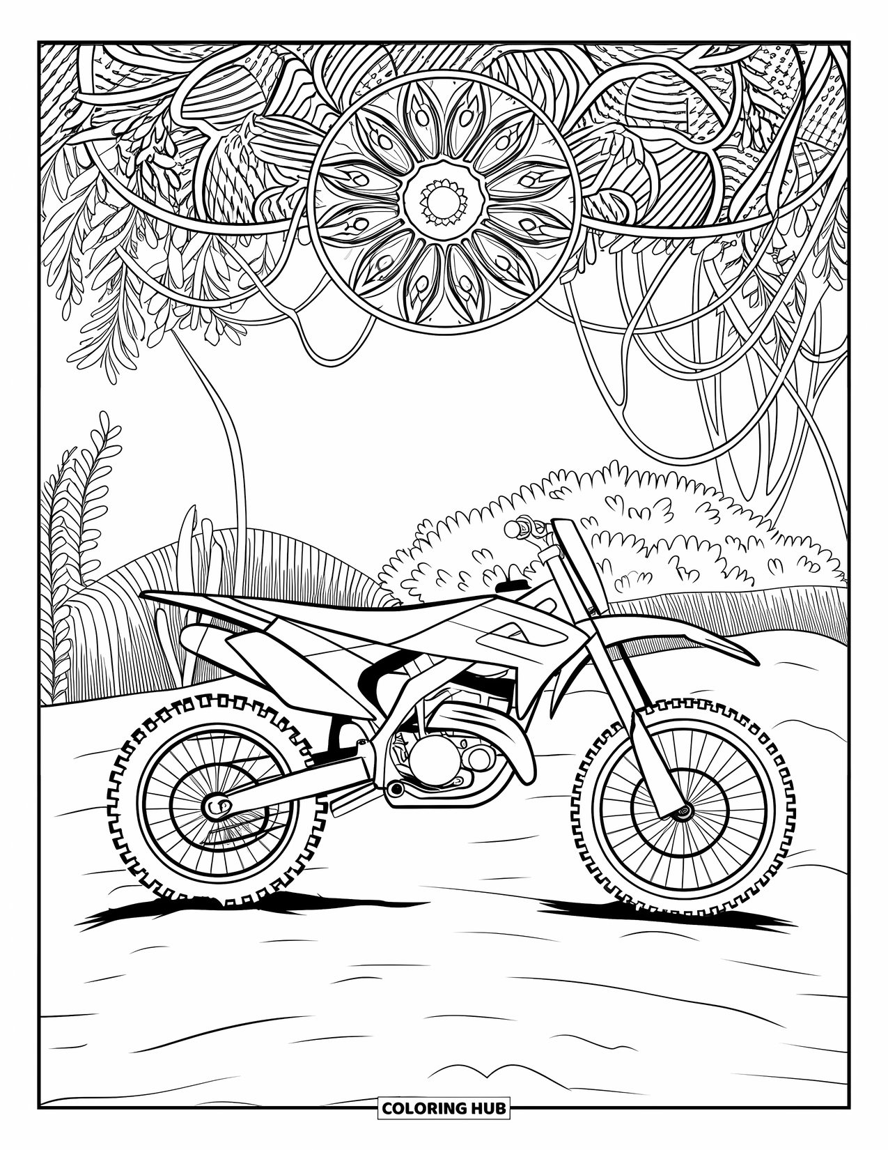 Dirtbike Coloring Page for Adults: A dirtbike rests under a vine canopy with plants and bushes all around